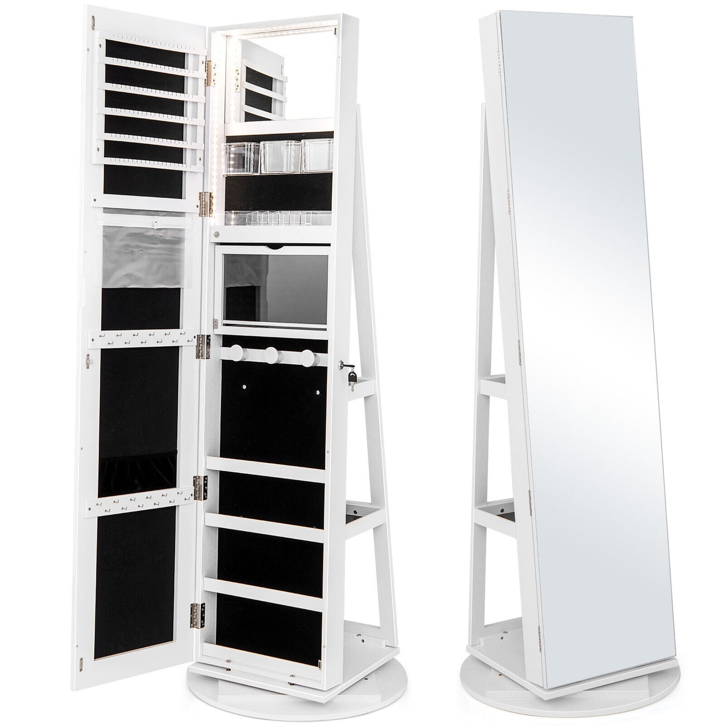 360° Rotating Mirrored Jewelry Cabinet Armoire 3 Color LED Modes Lockable-White (Scratch and Dent)