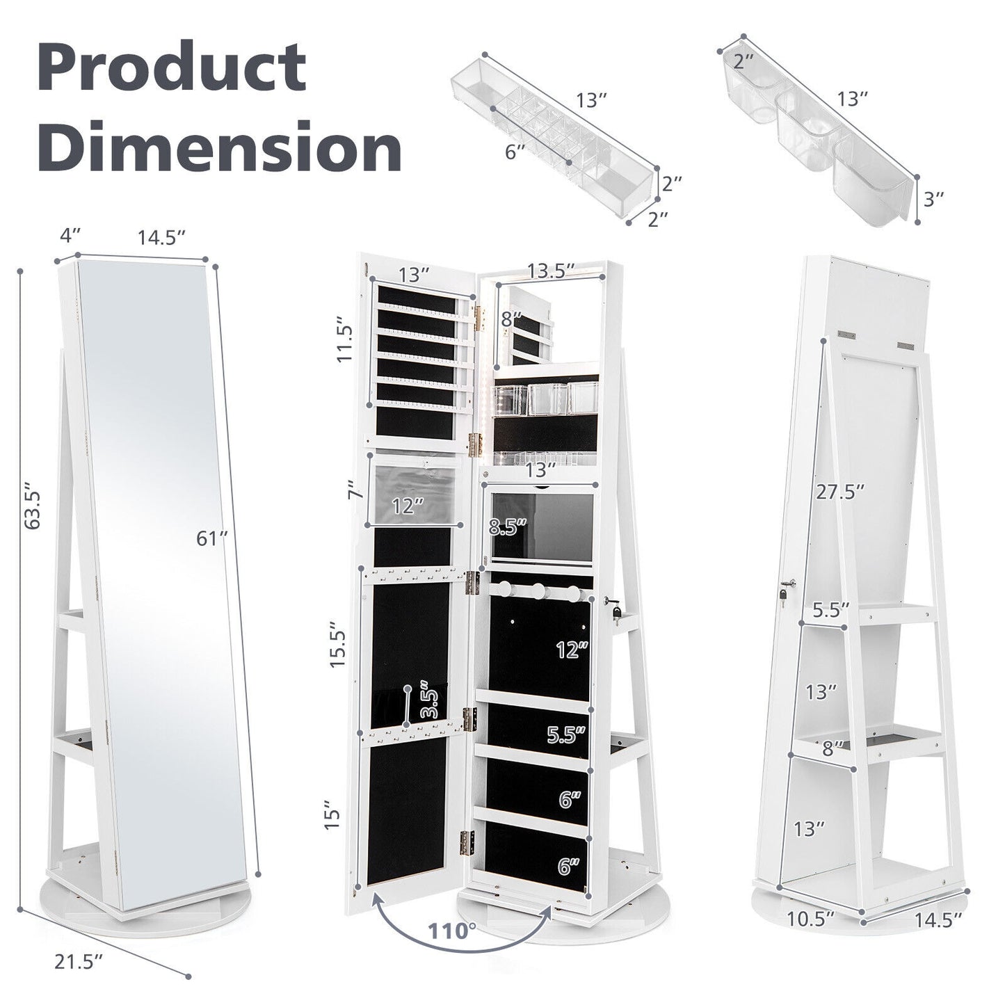 360° Rotating Mirrored Jewelry Cabinet Armoire 3 Color LED Modes Lockable-White (Scratch and Dent)