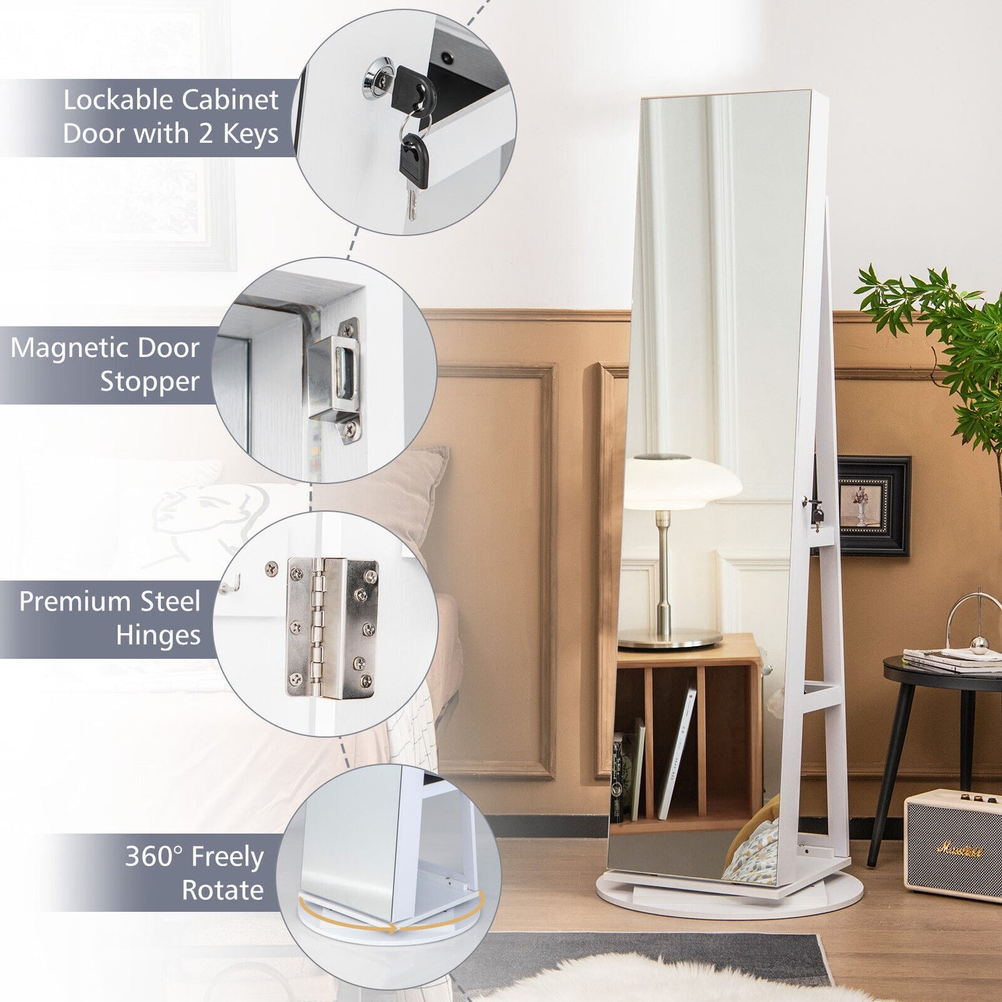 360° Rotating Mirrored Jewelry Cabinet Armoire 3 Color LED Modes Lockable-White (Scratch and Dent)