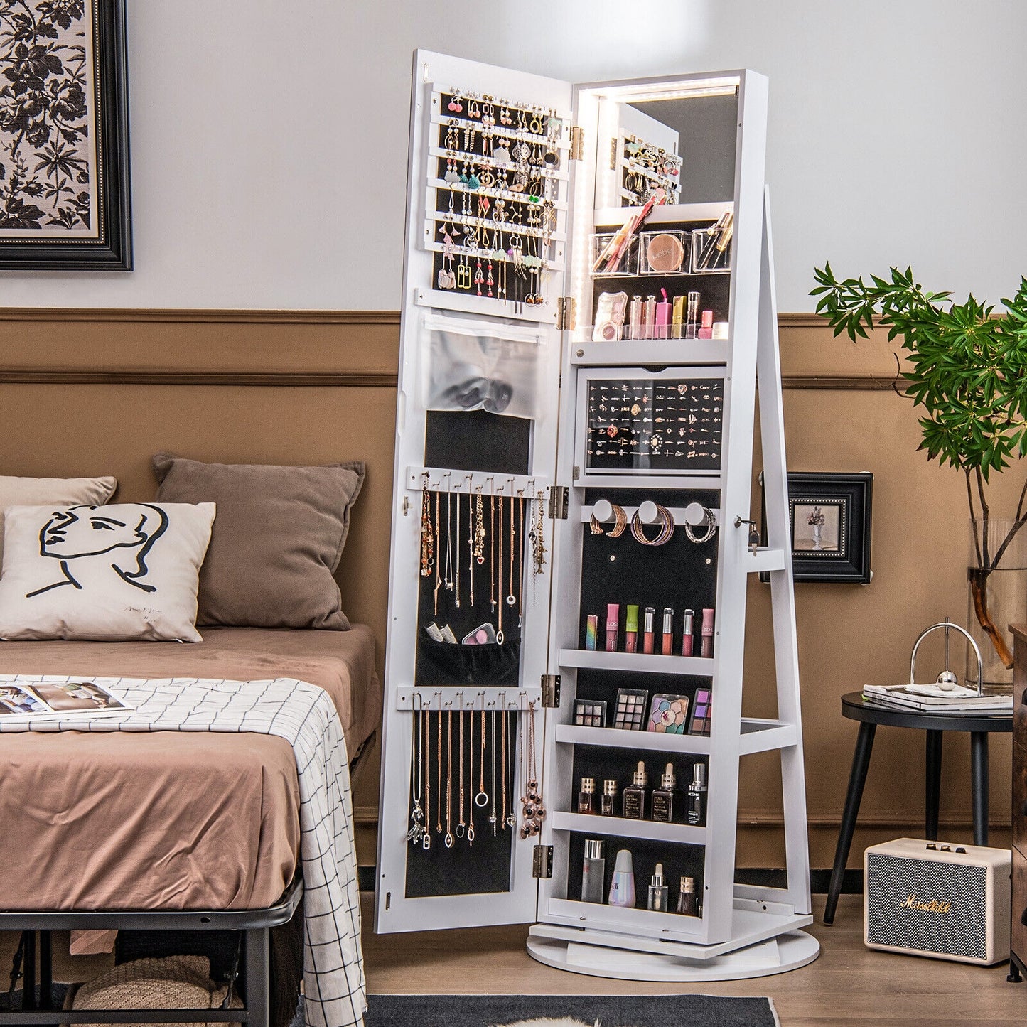 360° Rotating Mirrored Jewelry Cabinet Armoire 3 Color LED Modes Lockable-White (Scratch and Dent)