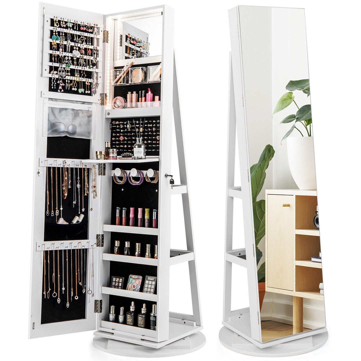 360° Rotating Mirrored Jewelry Cabinet Armoire 3 Color LED Modes Lockable-White (Scratch and Dent)