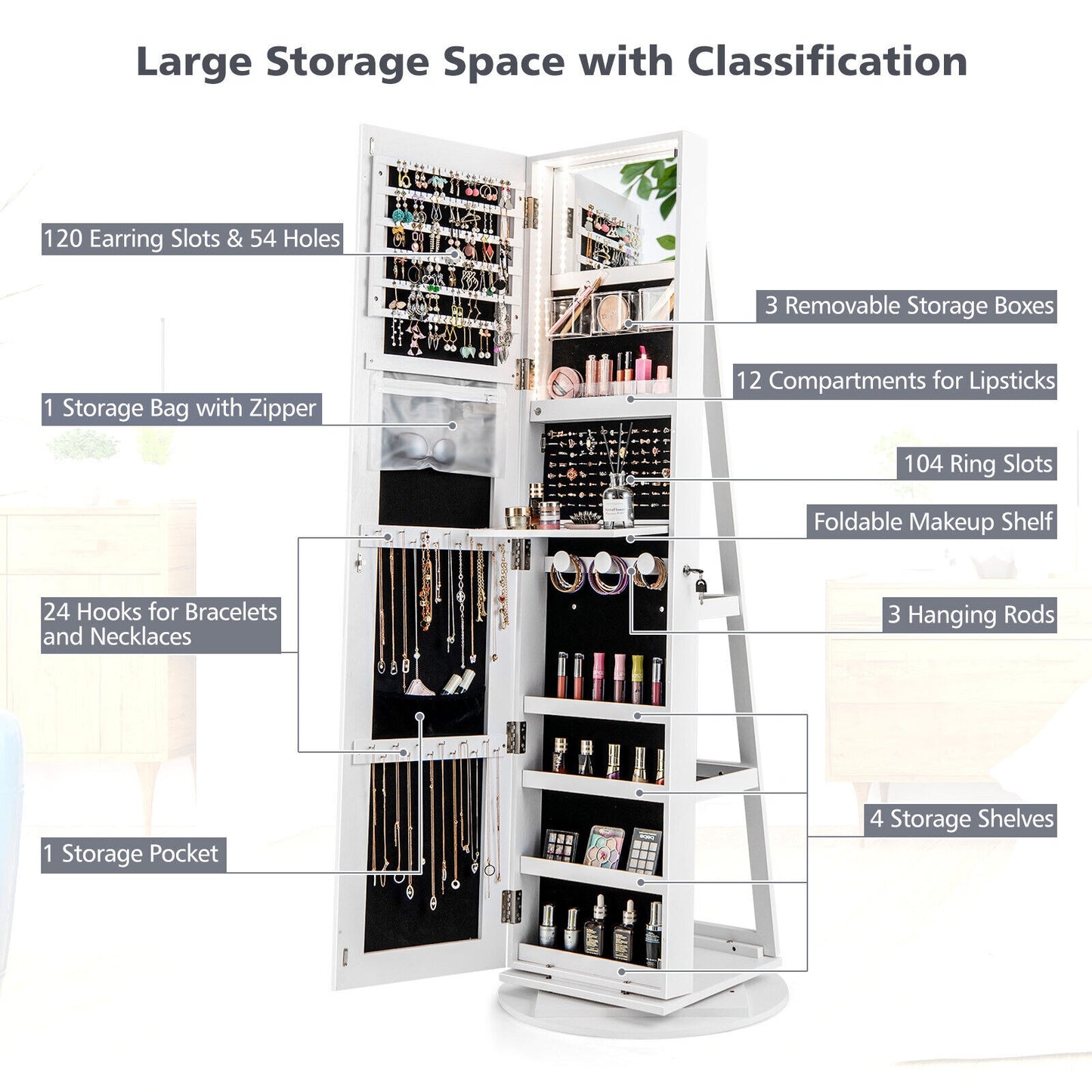 360° Rotating Mirrored Jewelry Cabinet Armoire 3 Color LED Modes Lockable-White (Scratch and Dent)