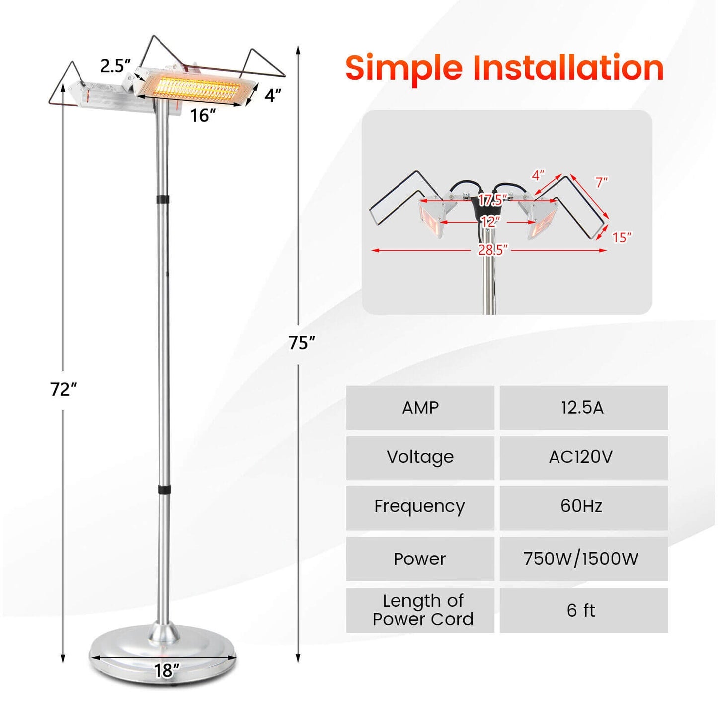Indoor/Outdoor 1500W Standing Electric Heater with Double-sided Heating