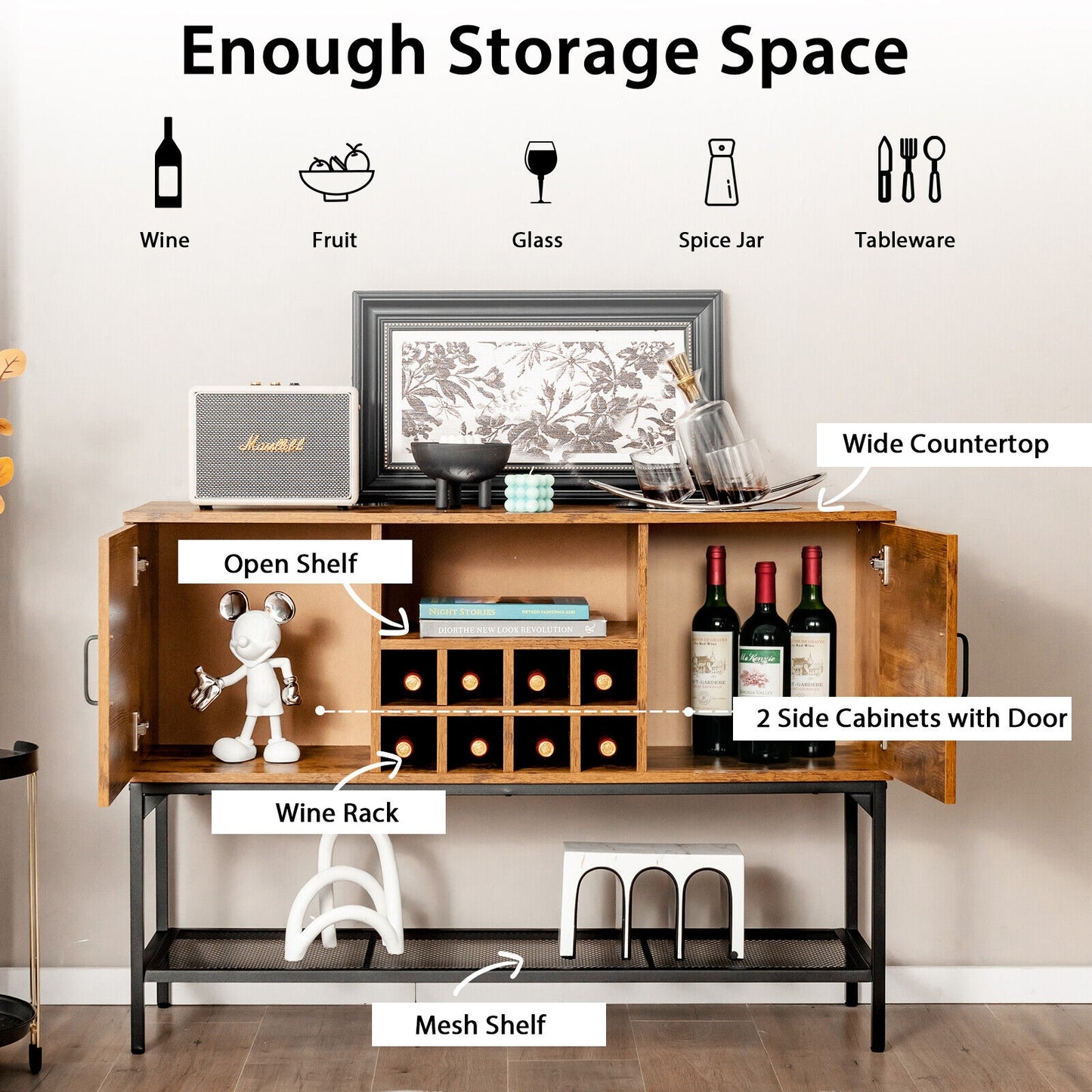 Industrial Kitchen Buffet Sideboard with Wine Rack and 2 Doors-Rustic Brown (Fully Assembled)