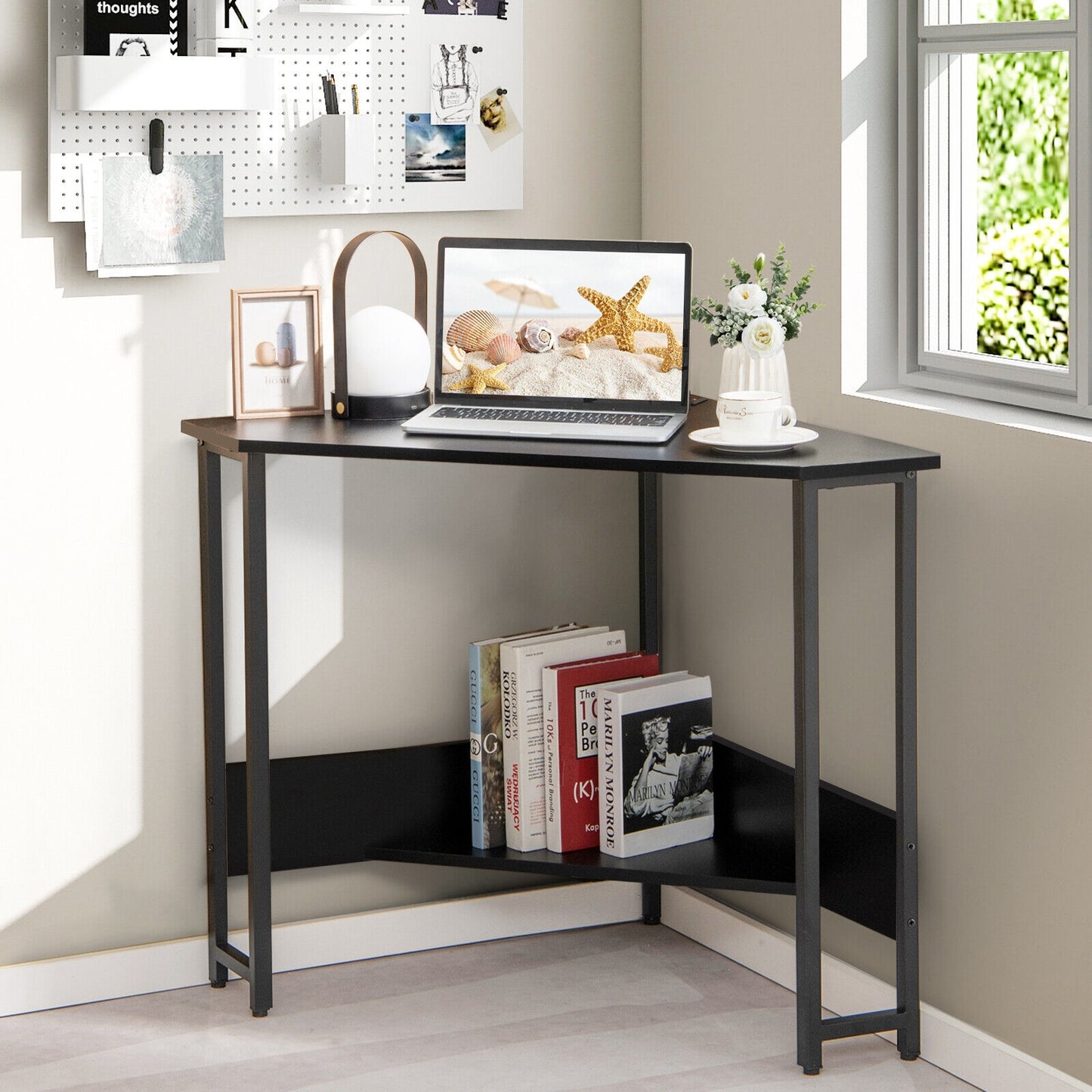 Triangle Computer Corner Desk with Charging Station-Black