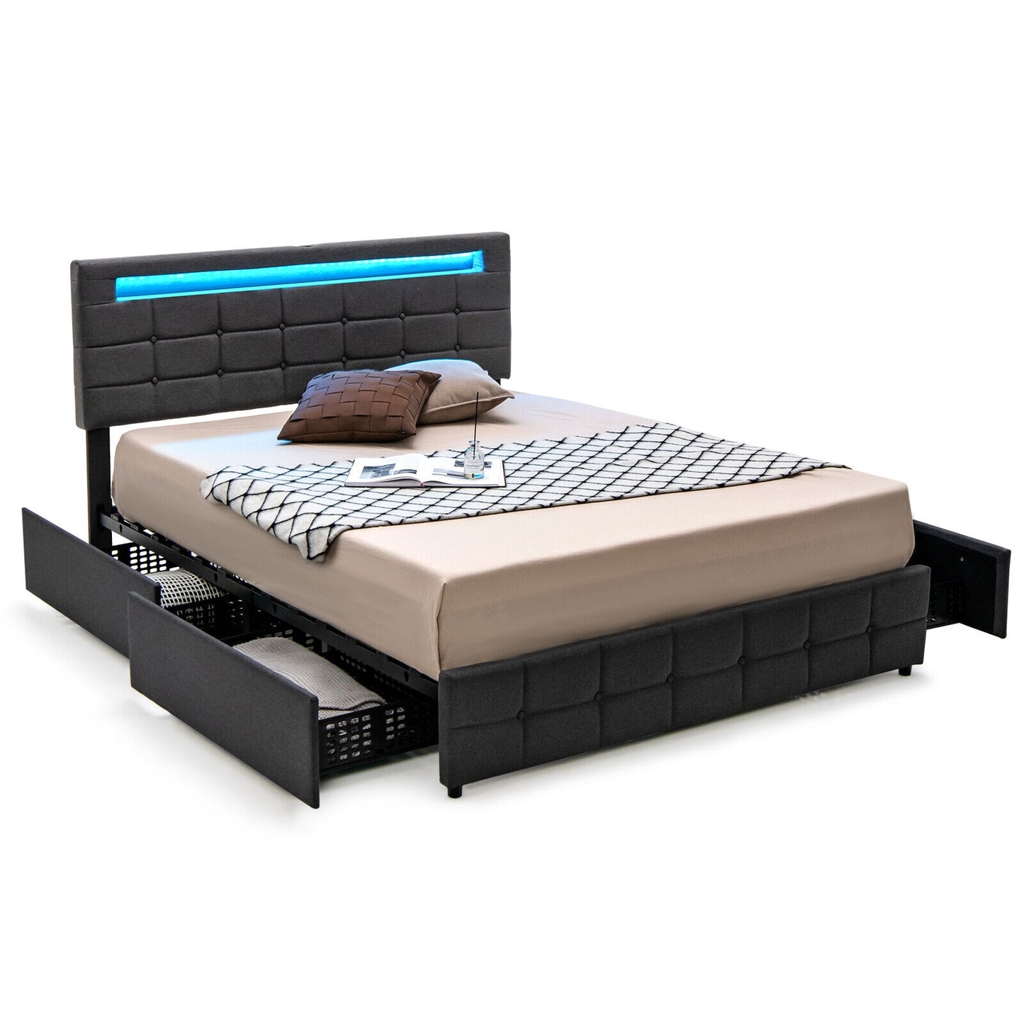 Special - Upholstered Queen LED Bed Frame with Headboard and 4 Drawers - (1 Box)