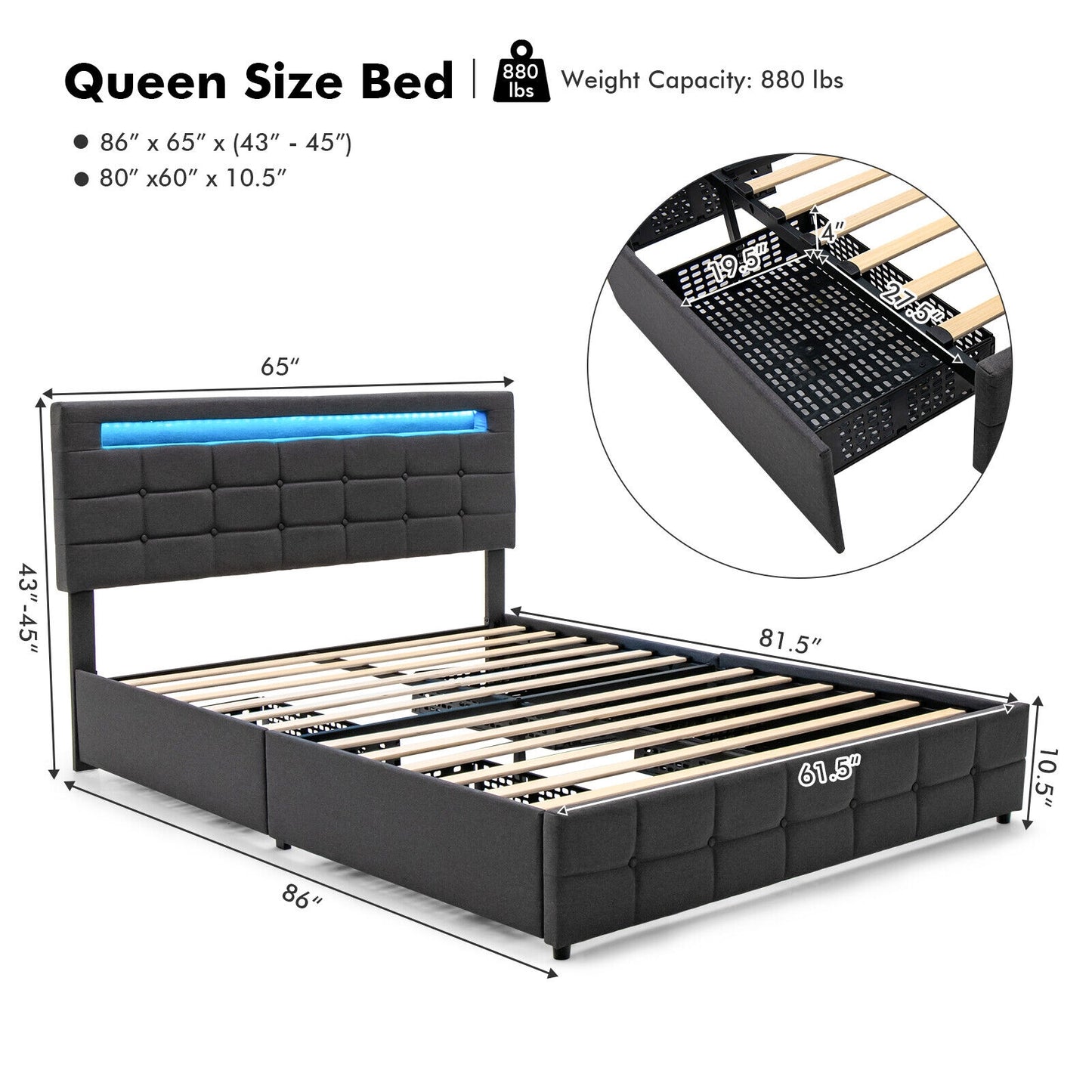 Special - Upholstered Queen LED Bed Frame with Headboard and 4 Drawers - (1 Box)