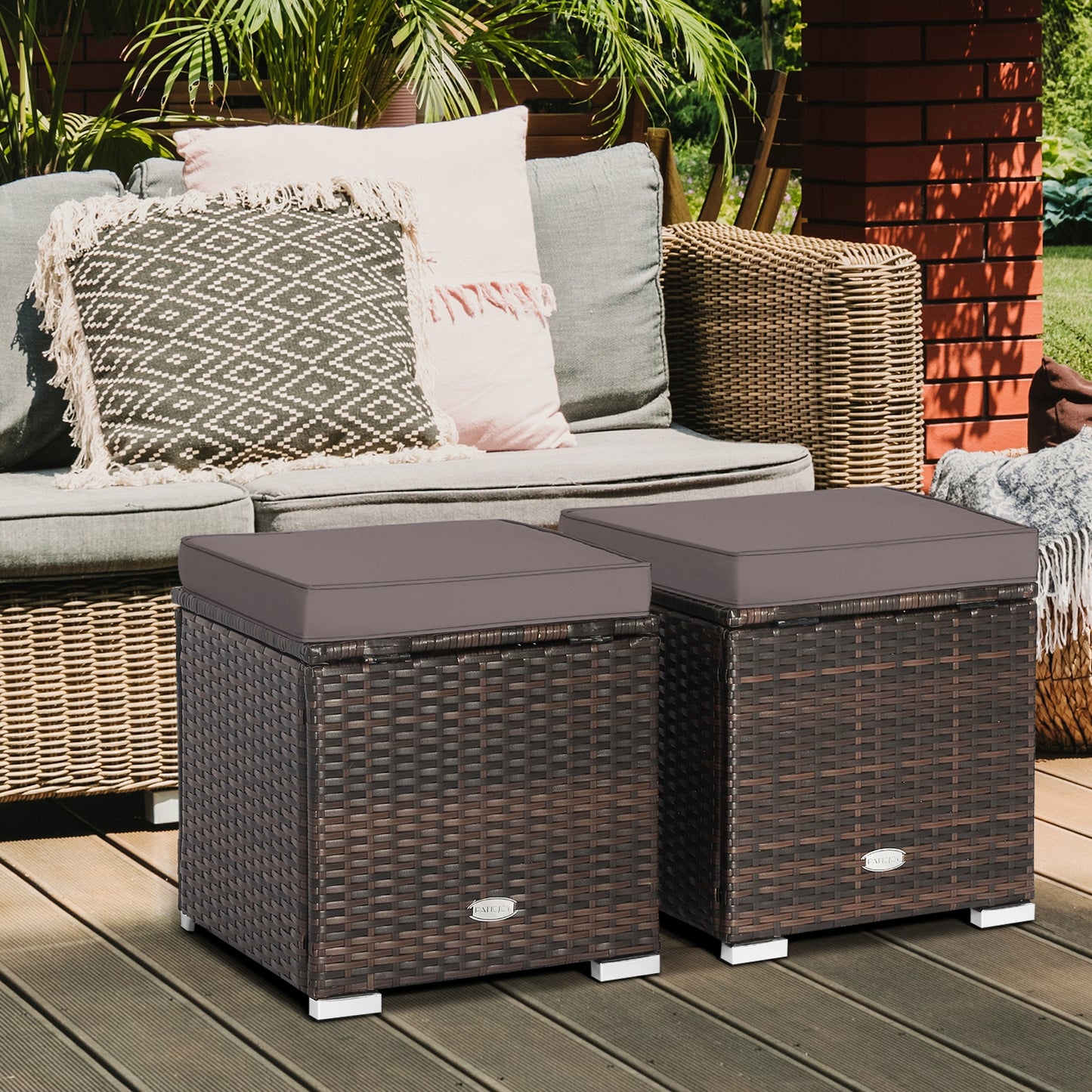 2 Piece Set, Patio Ottoman with Removable Cushions-Gray, assembled
