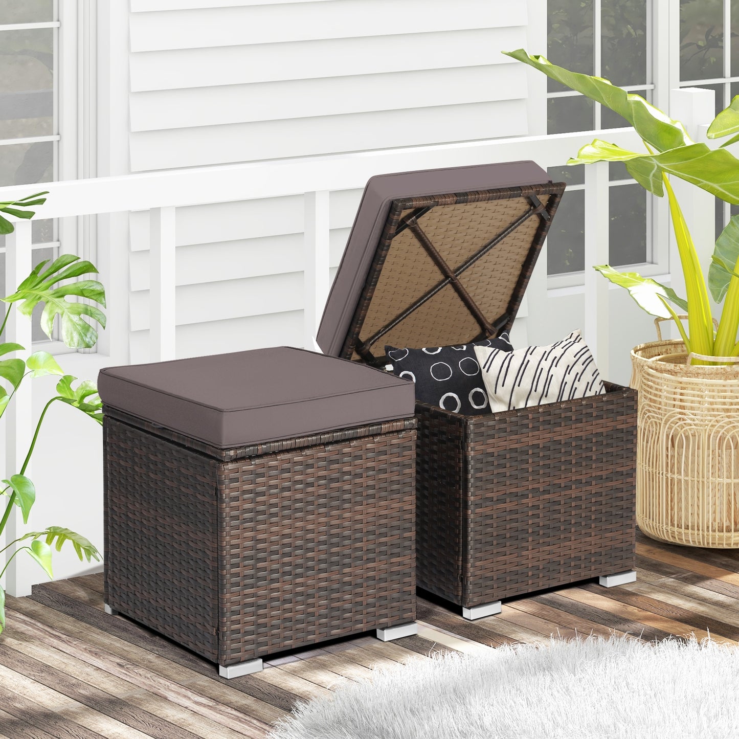 2 Piece Set, Patio Ottoman with Removable Cushions-Gray, assembled