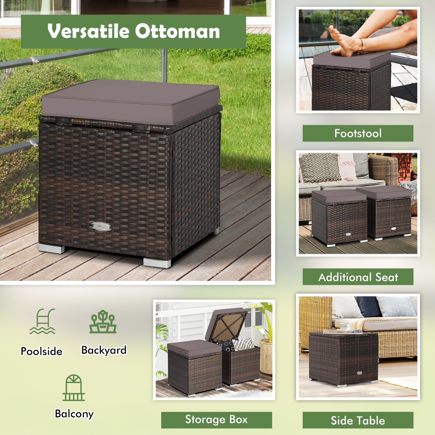 2 Piece Set, Patio Ottoman with Removable Cushions-Gray, assembled