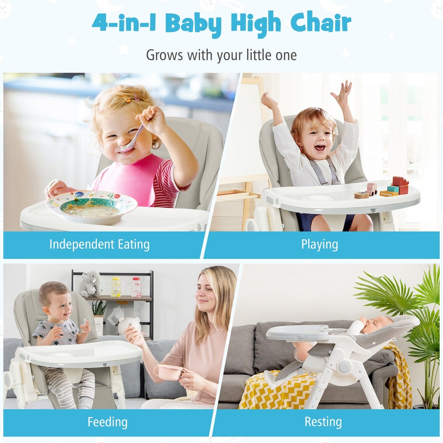 *SPECIAL *Folding High Chair with Height Adjustment and 360° Rotating Wheels-Gray