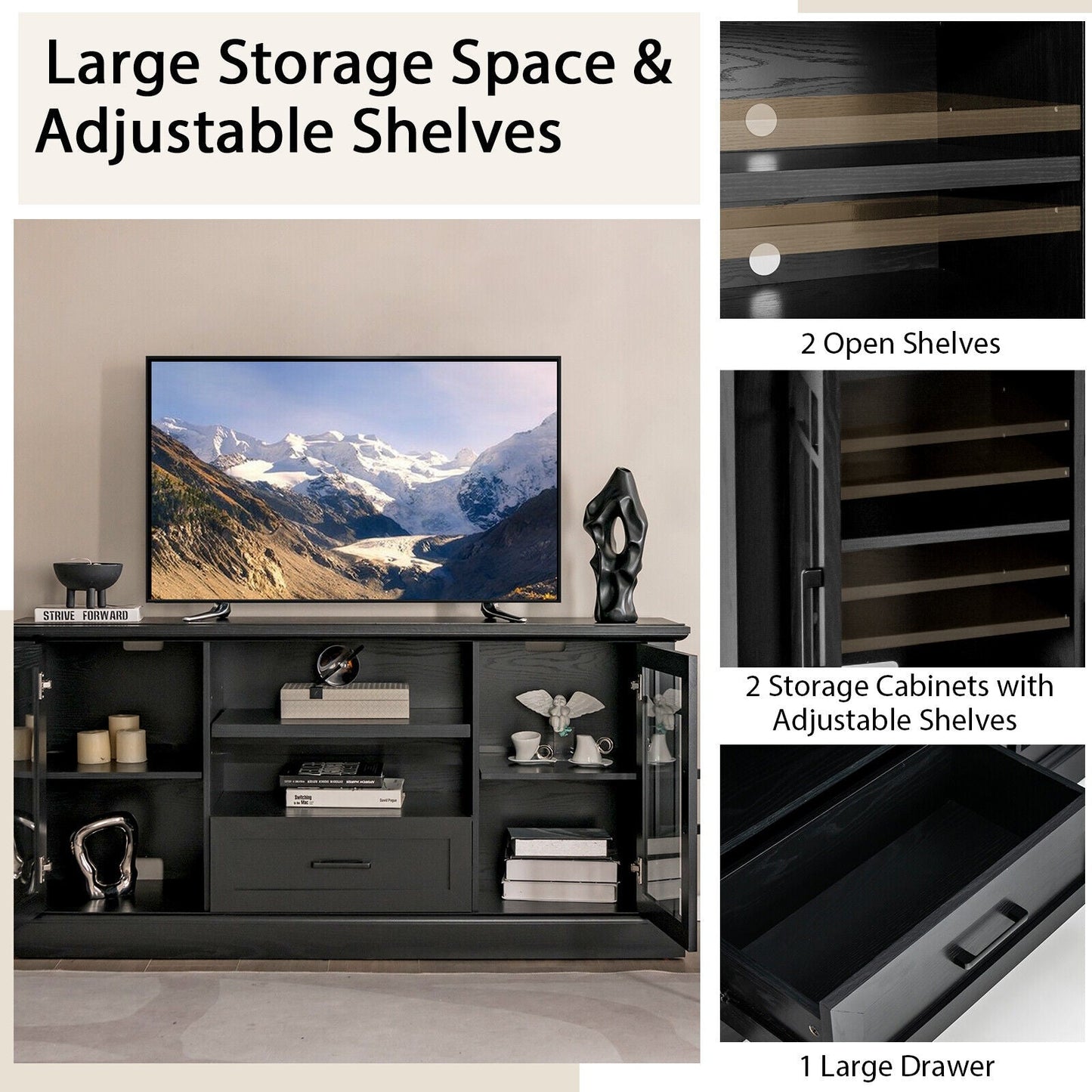 TV Stand for TVs up to 70 with Glass Doors Cubbies and Drawer-Black - Scratch and Dent