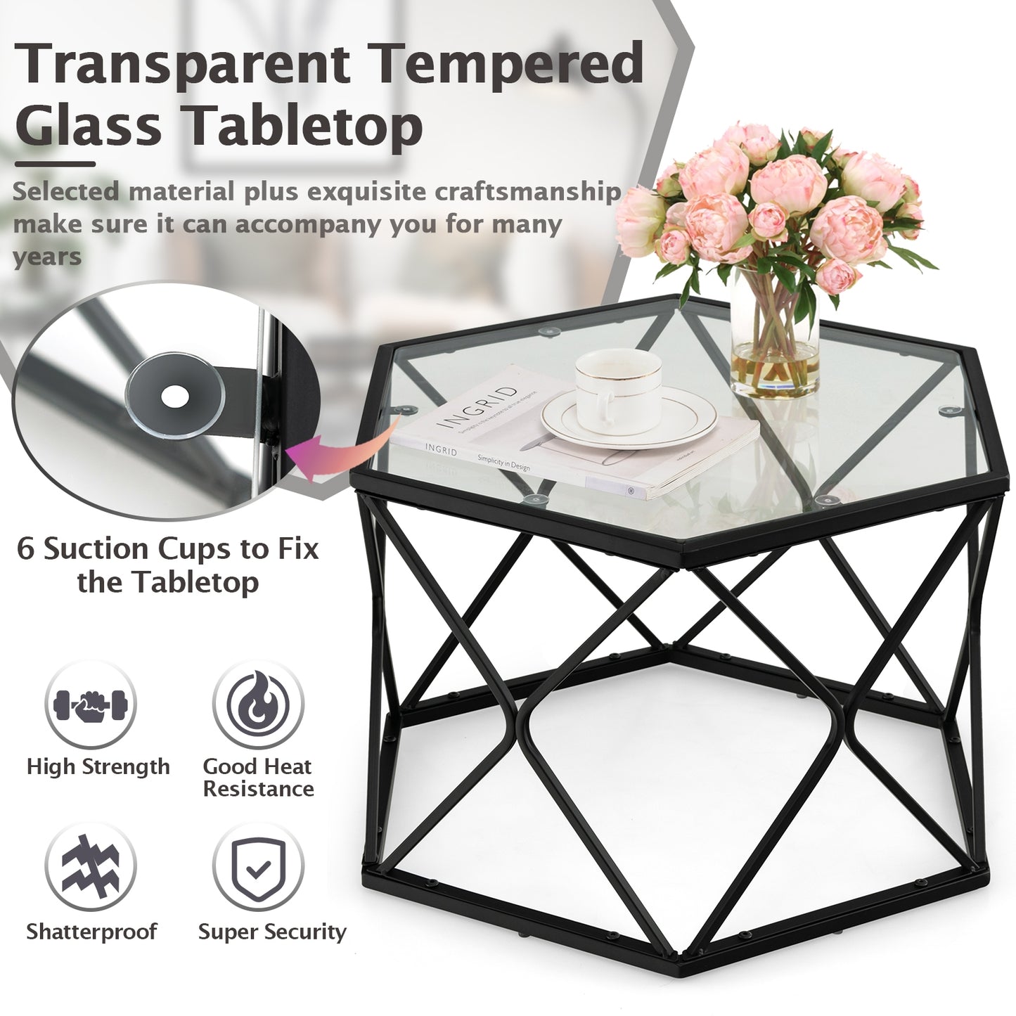 Modern Accent Geometric Glass Coffee Table-Black