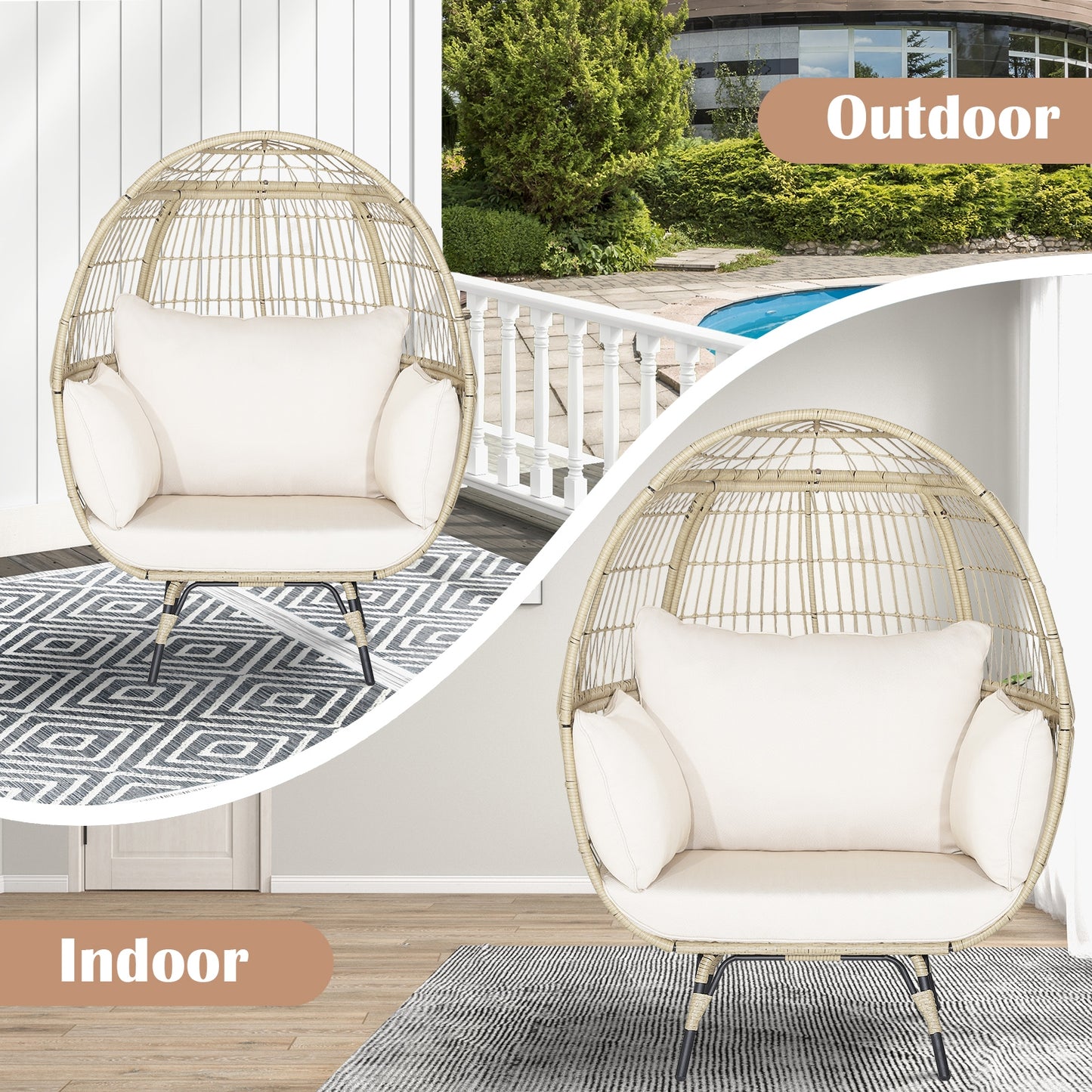Fully Assembled, Oversized Patio Rattan Egg Lounge Chair with 4 Cushions-2 Toned, please see in store images