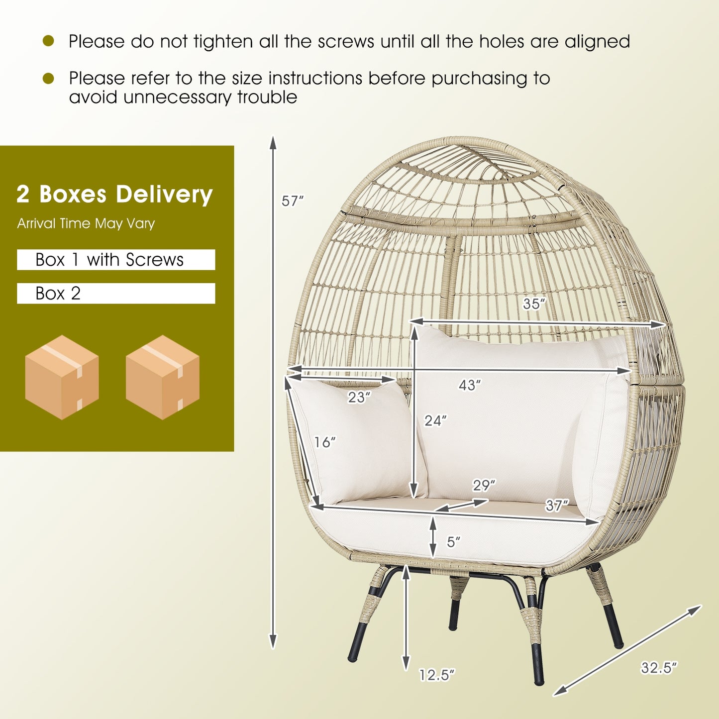 Fully Assembled, Oversized Patio Rattan Egg Lounge Chair with 4 Cushions-2 Toned, please see in store images