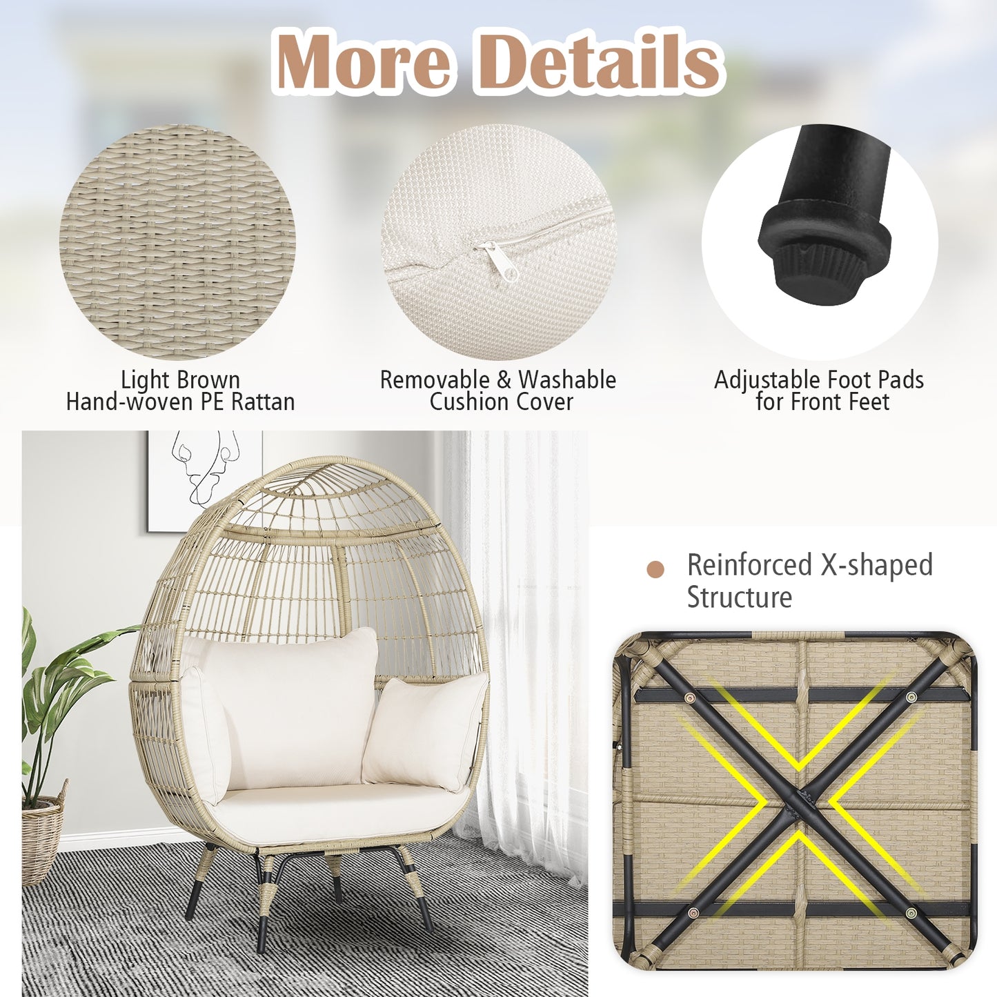 Fully Assembled, Oversized Patio Rattan Egg Lounge Chair with 4 Cushions-2 Toned, please see in store images