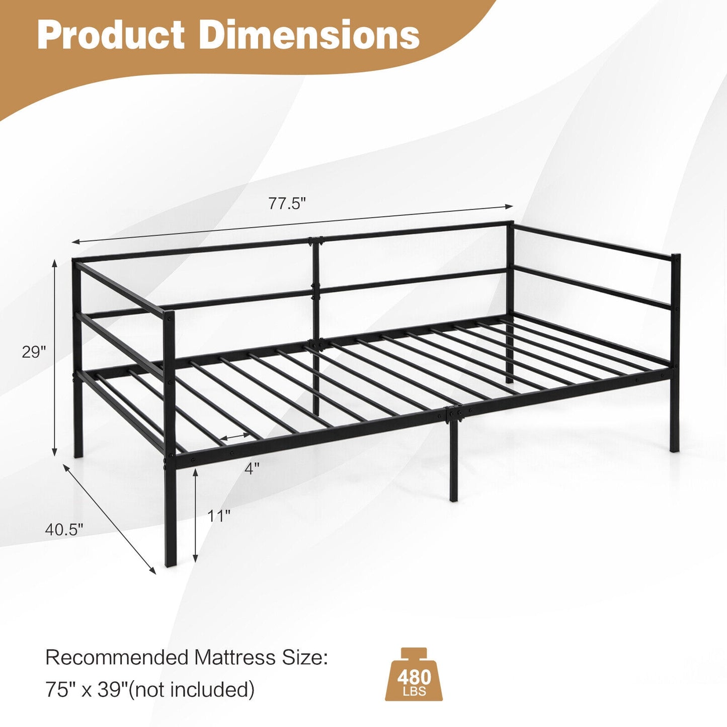 Twin Size Metal Daybed Frame for Living Room Bedroom (1 Box, Unassembled)