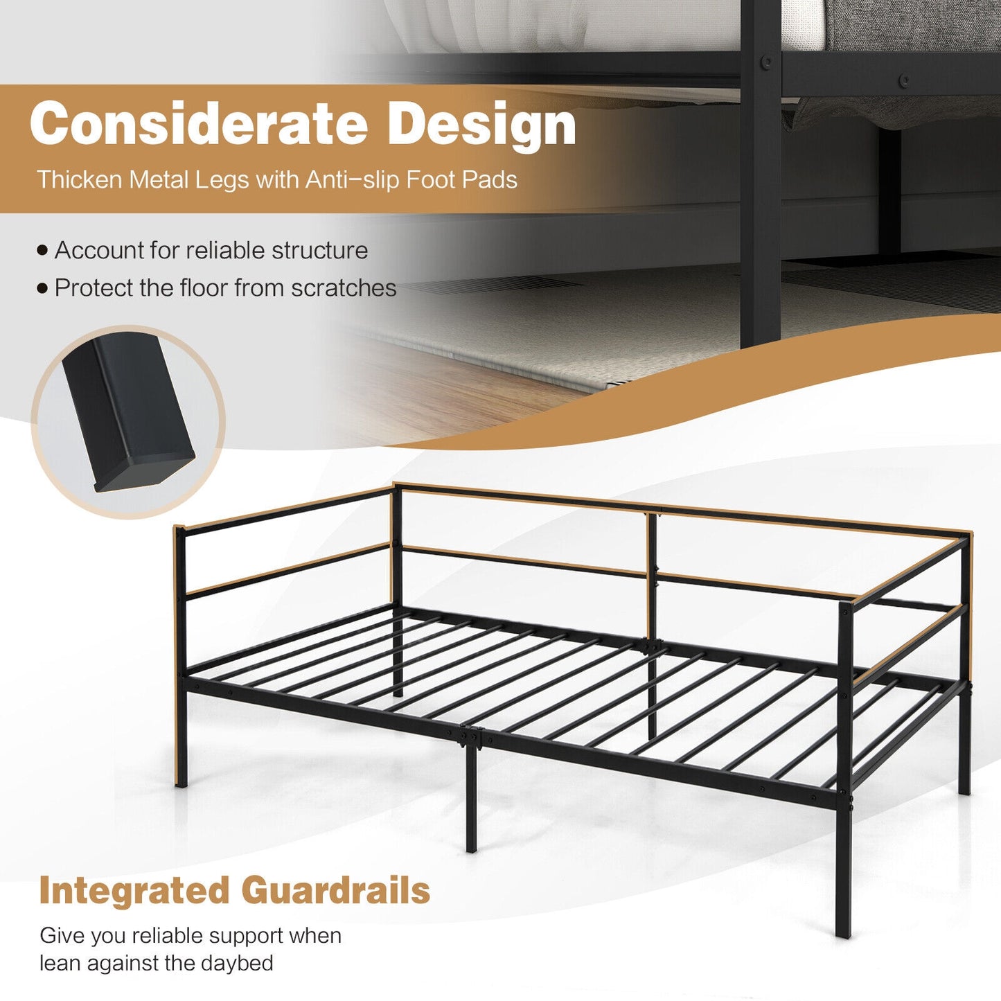 Twin Size Metal Daybed Frame for Living Room Bedroom (1 Box, Unassembled)