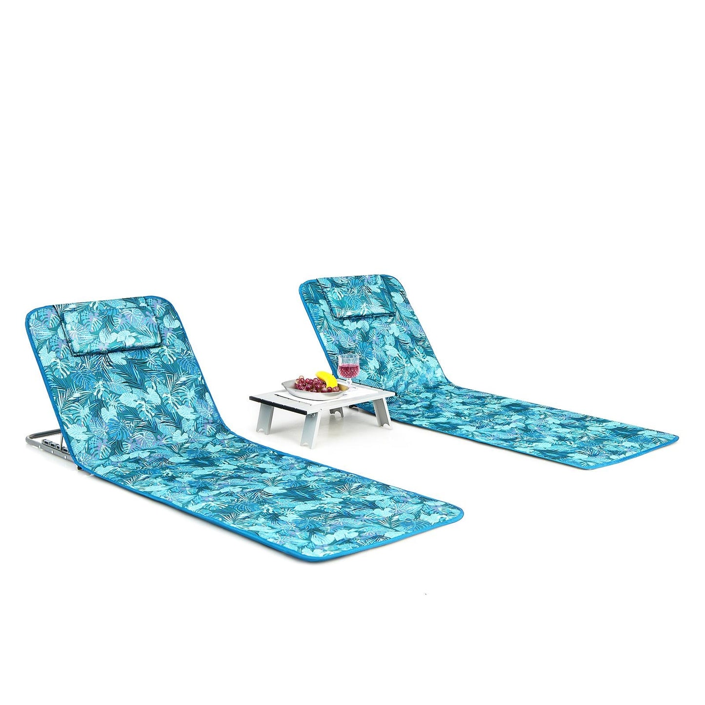2 Adjustable Lounge Chairs with Table -Green/Blue