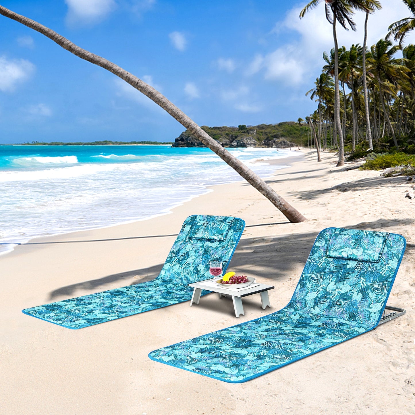 2 Adjustable Lounge Chairs with Table -Green/Blue