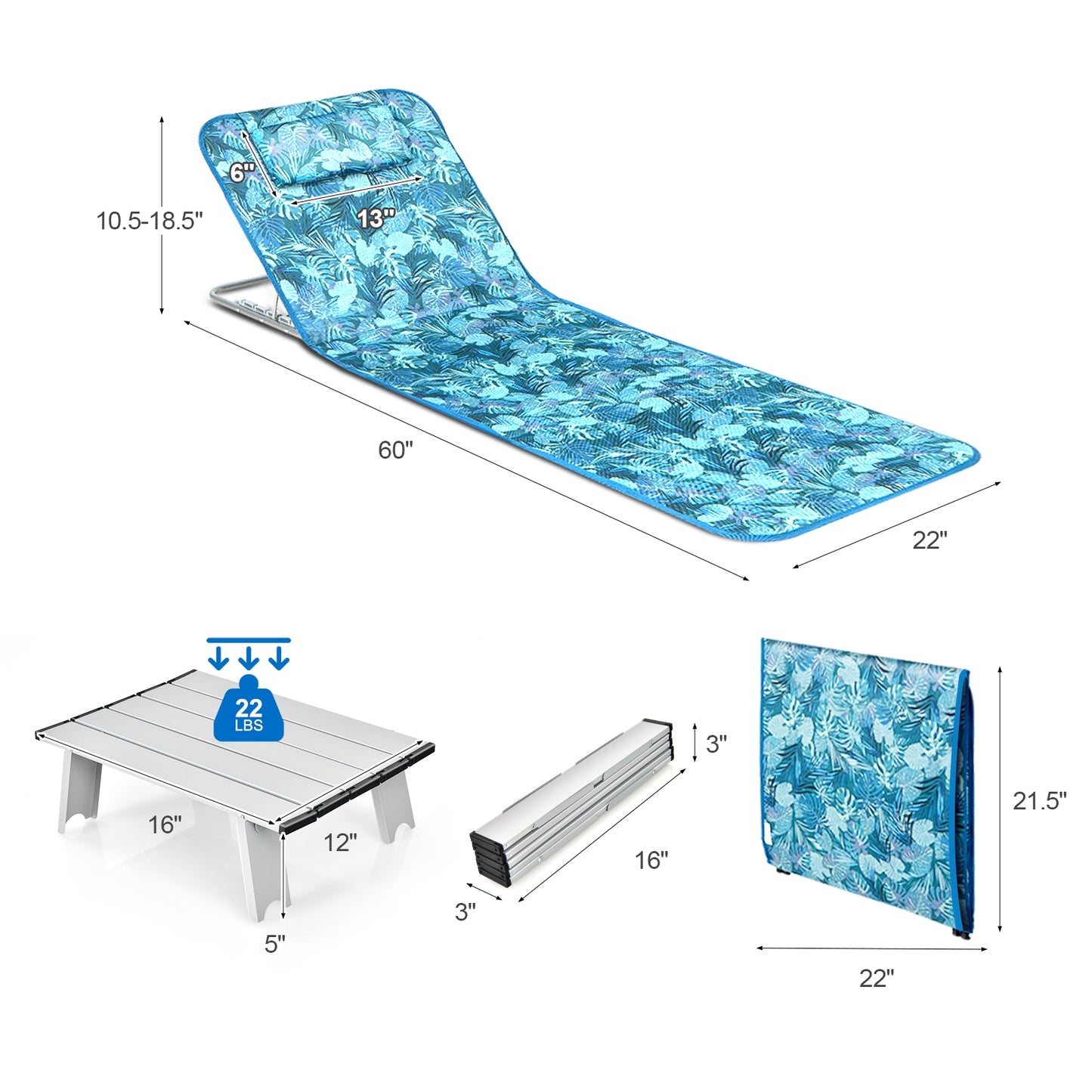 2 Adjustable Lounge Chairs with Table -Green/Blue