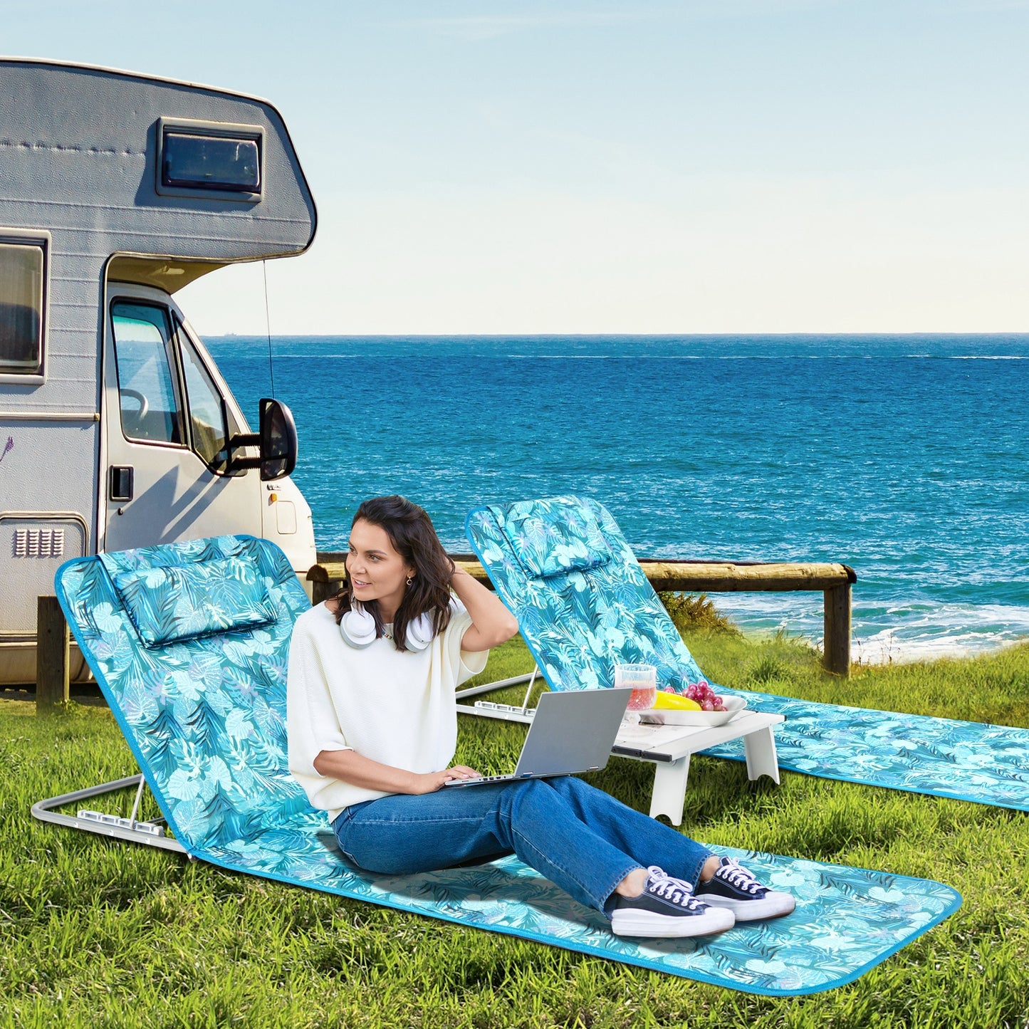 2 Adjustable Lounge Chairs with Table -Green/Blue