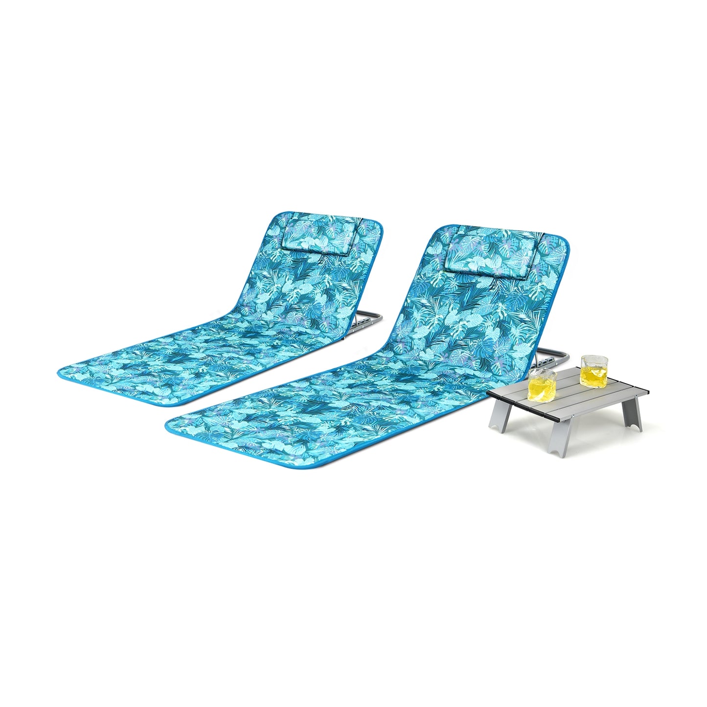 2 Adjustable Lounge Chairs with Table -Green/Blue