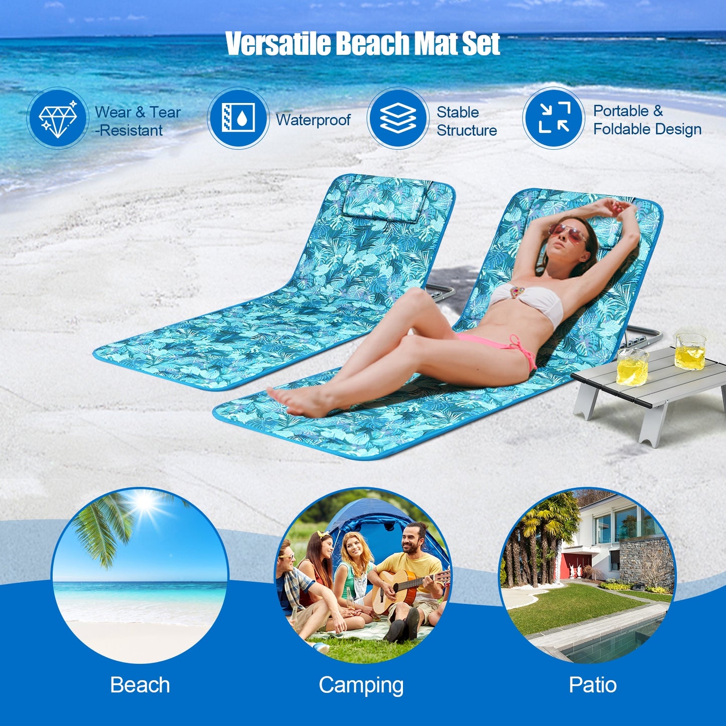 2 Adjustable Lounge Chairs with Table -Green/Blue
