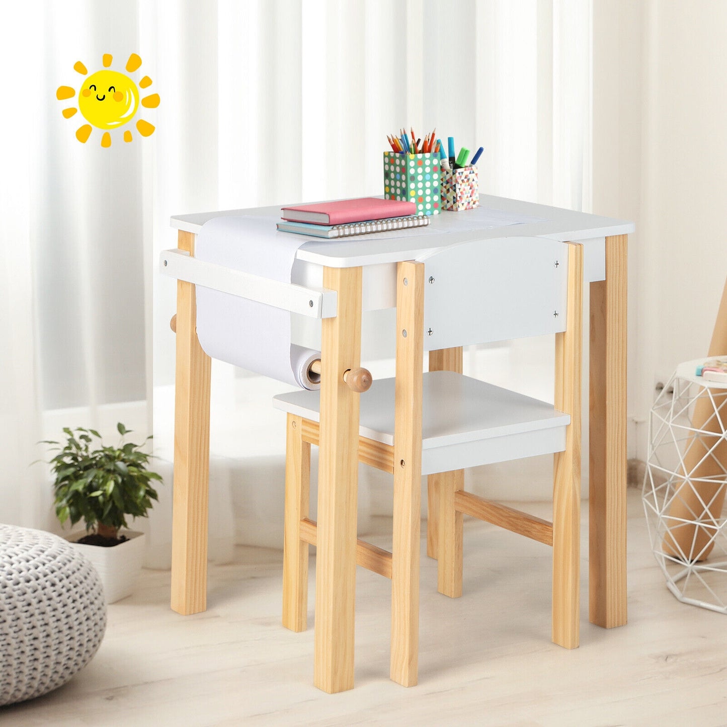 Kids Art Table and Chair Set with Drawer Paper Roll and 2 Markers-White, fully assembled, tiny slight mark on top