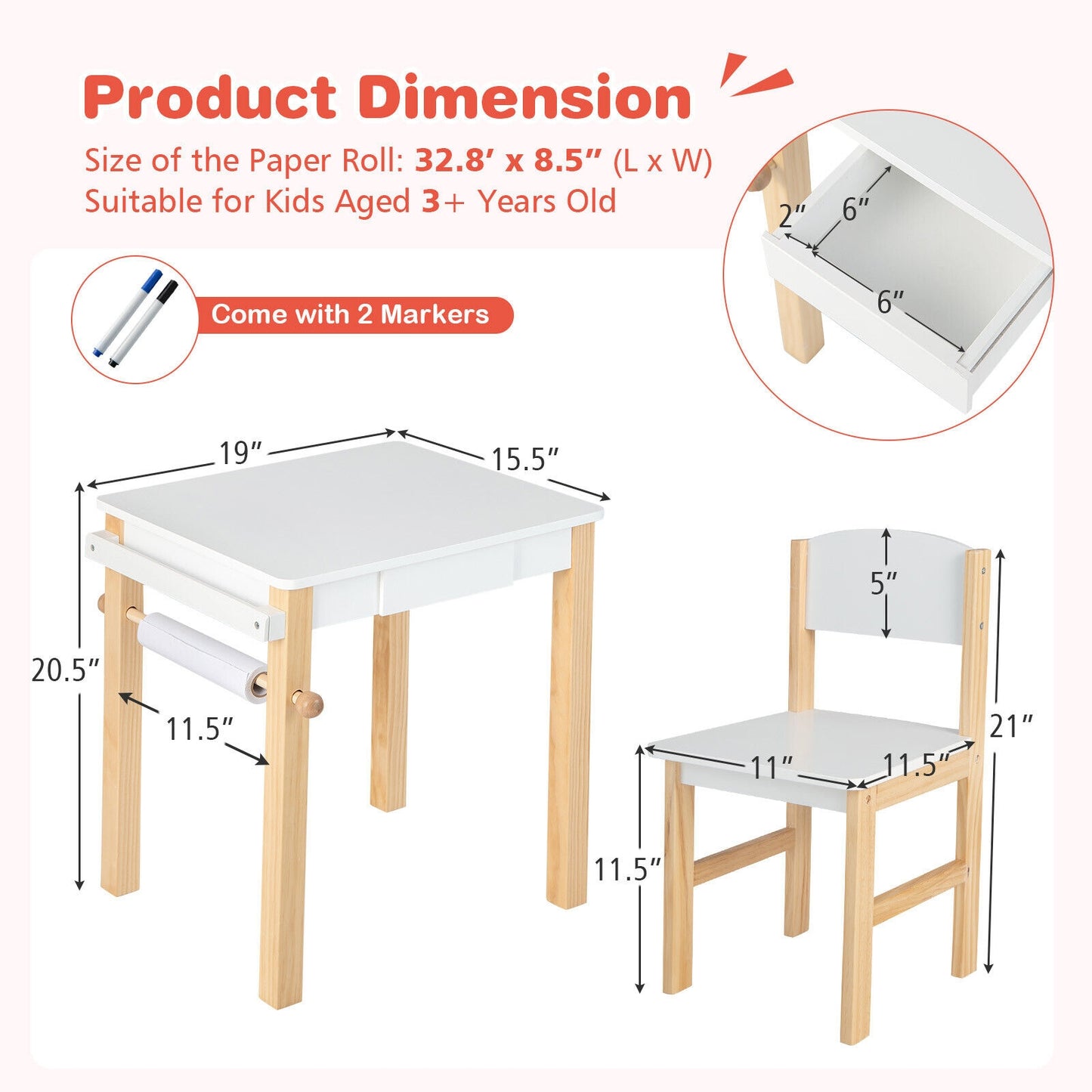 Kids Art Table and Chair Set with Drawer Paper Roll and 2 Markers-White, fully assembled, tiny slight mark on top
