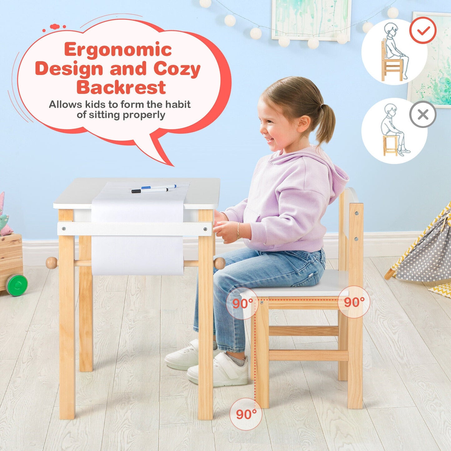 Kids Art Table and Chair Set with Drawer Paper Roll and 2 Markers-White, fully assembled, tiny slight mark on top