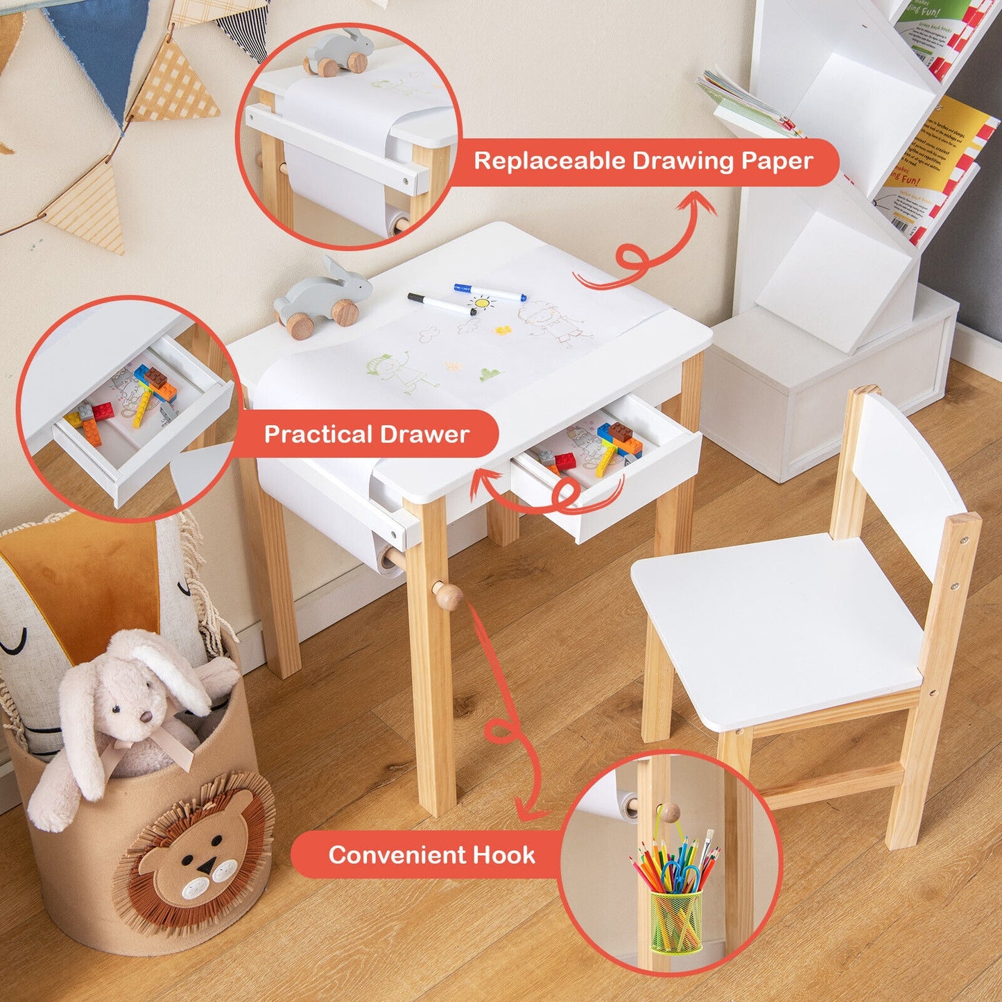 Kids Art Table and Chair Set with Drawer Paper Roll and 2 Markers-White, fully assembled, tiny slight mark on top