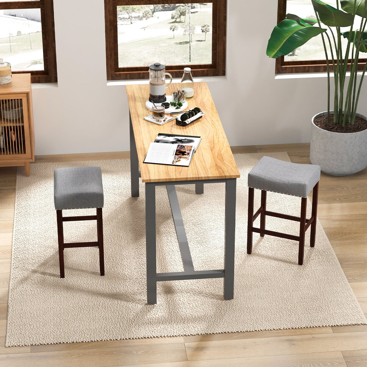 Set of 2, 24 Inch Bar Stool with Curved Seat Cushions-Grey (Assembled)