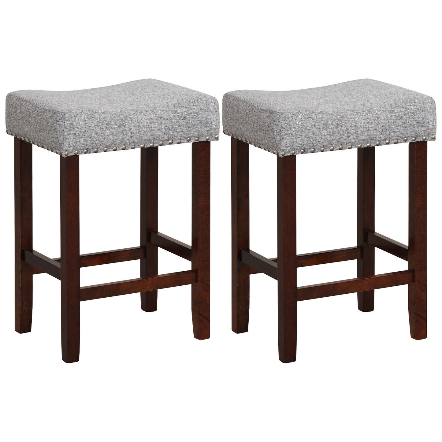 Set of 2, 24 Inch Bar Stool with Curved Seat Cushions-Grey (Assembled)