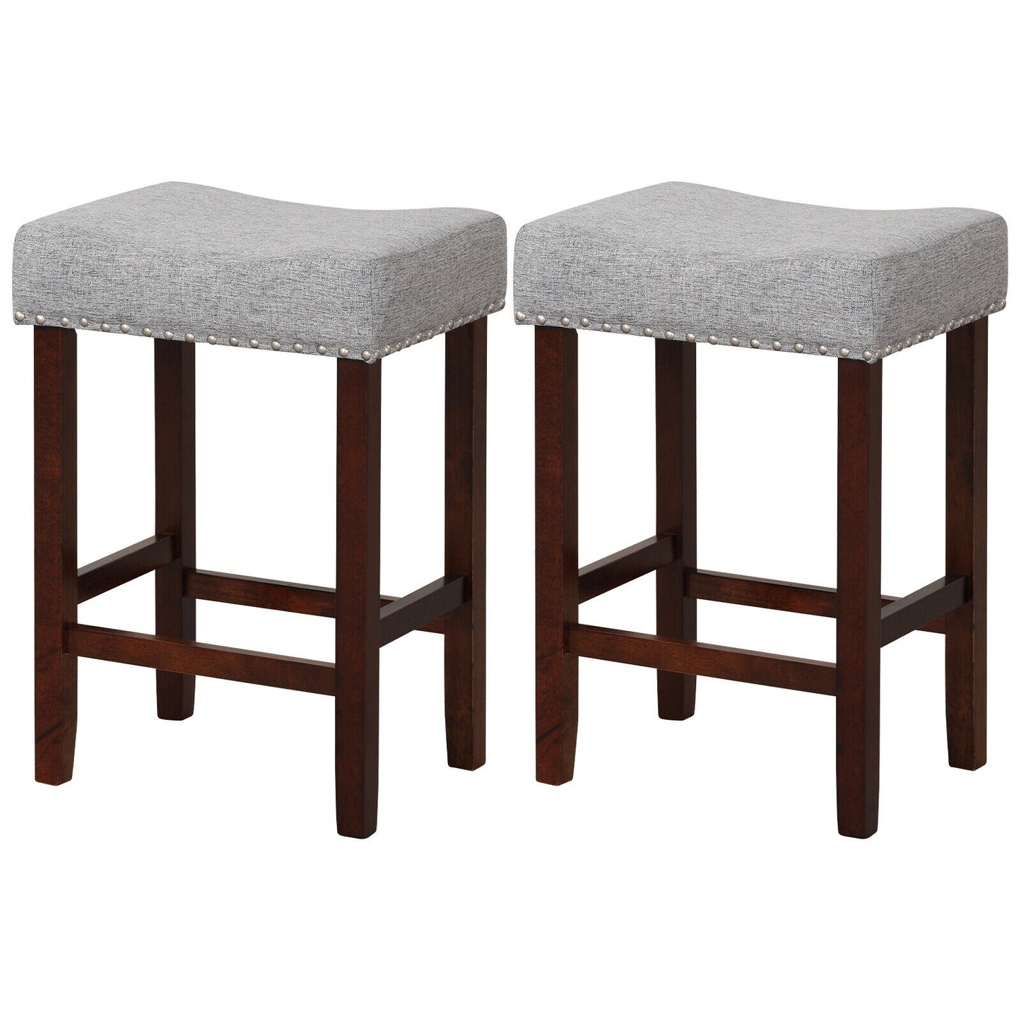 Set of 2, 24 Inch Bar Stool with Curved Seat Cushions-Grey (Assembled)