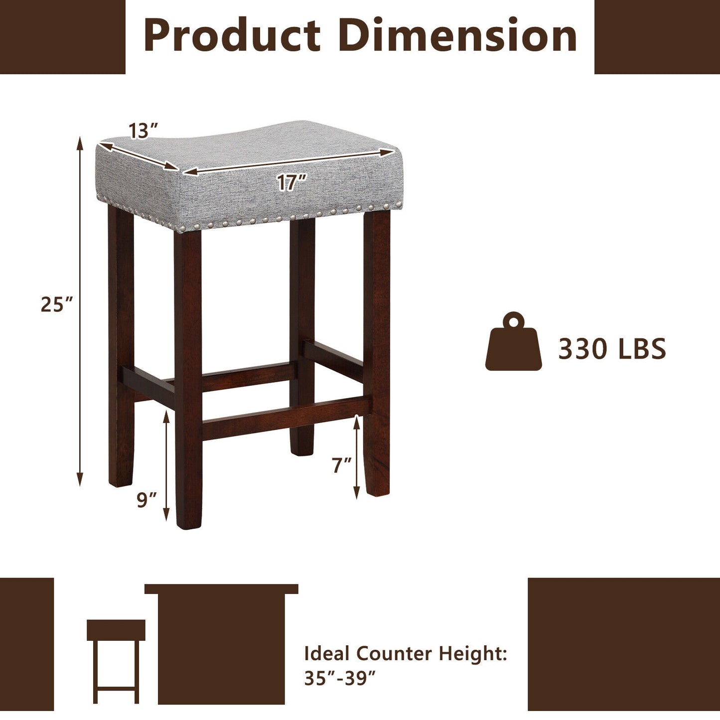 Set of 2, 24 Inch Bar Stool with Curved Seat Cushions-Grey (Assembled)