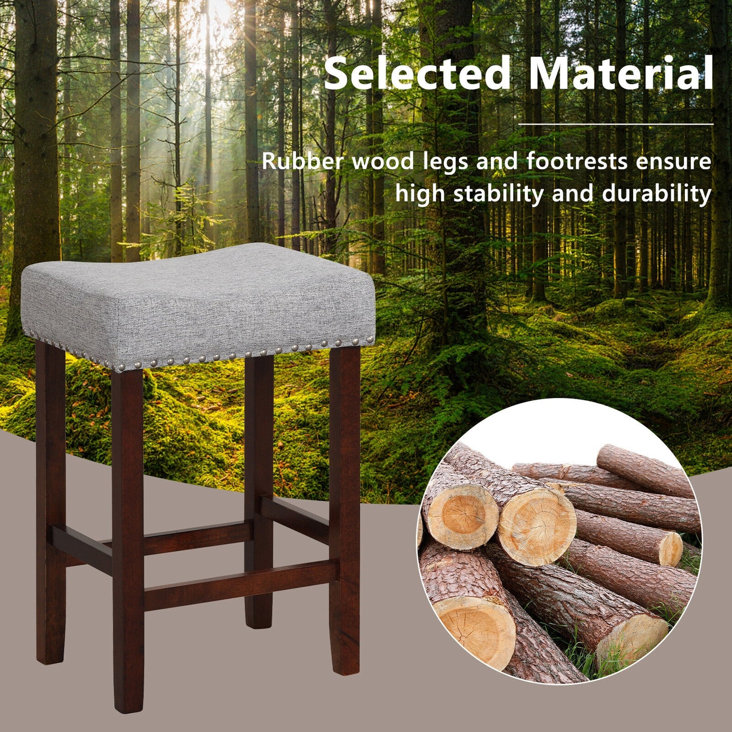 Set of 2, 24 Inch Bar Stool with Curved Seat Cushions-Grey (Assembled)