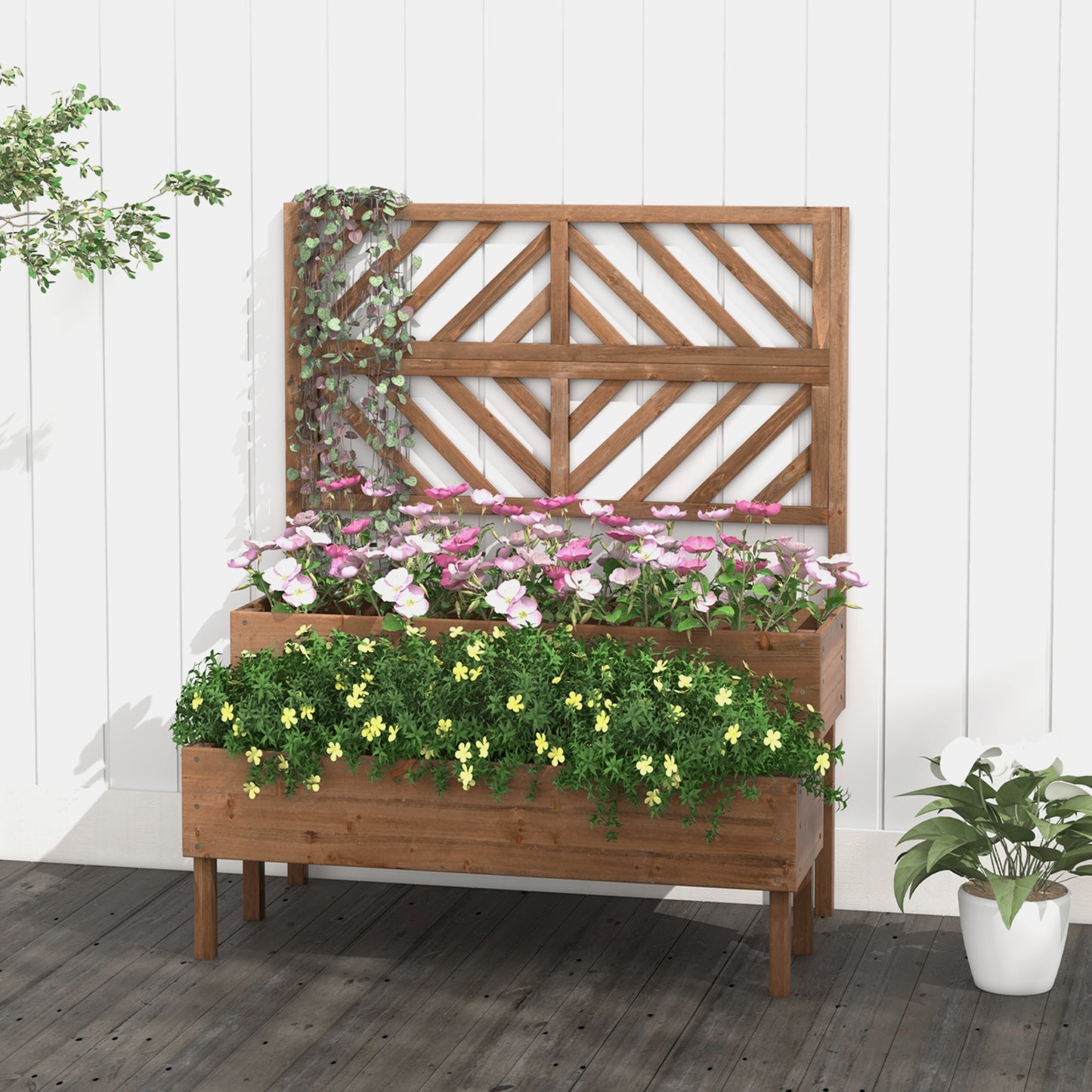 2-Tier Cedar Raised Garden Bed with Trellis-Brown, 1 box, unassembled