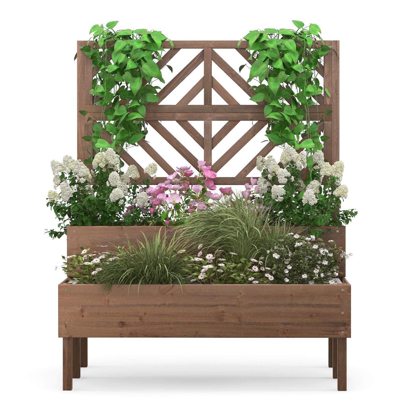 2-Tier Cedar Raised Garden Bed with Trellis-Brown, 1 box, unassembled