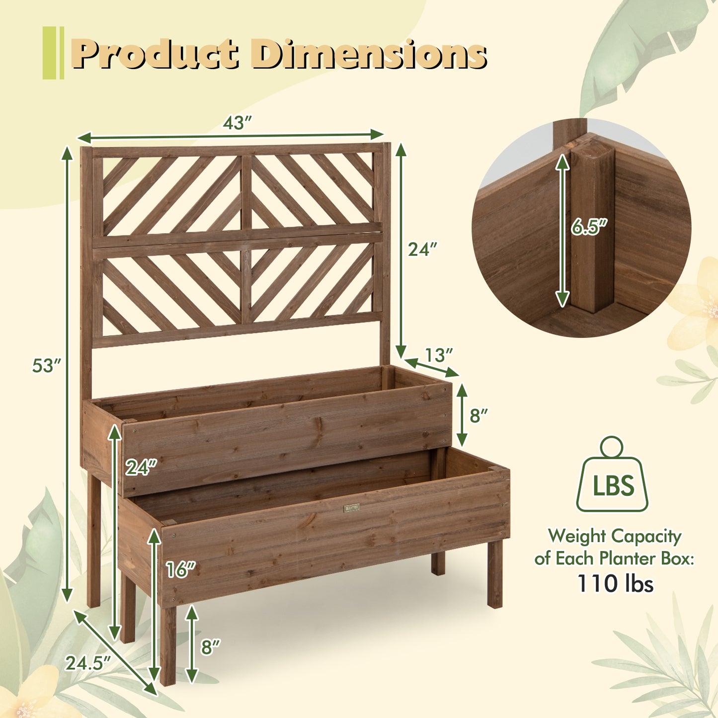 2-Tier Cedar Raised Garden Bed with Trellis-Brown, 1 box, unassembled