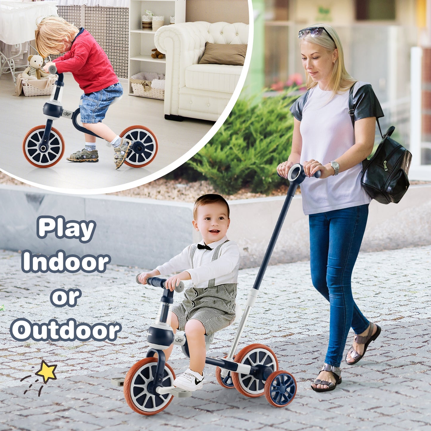 4-in-1 Kids Trike Bike with Adjustable Parent Push Handle and Seat Height-Navy, customer return special