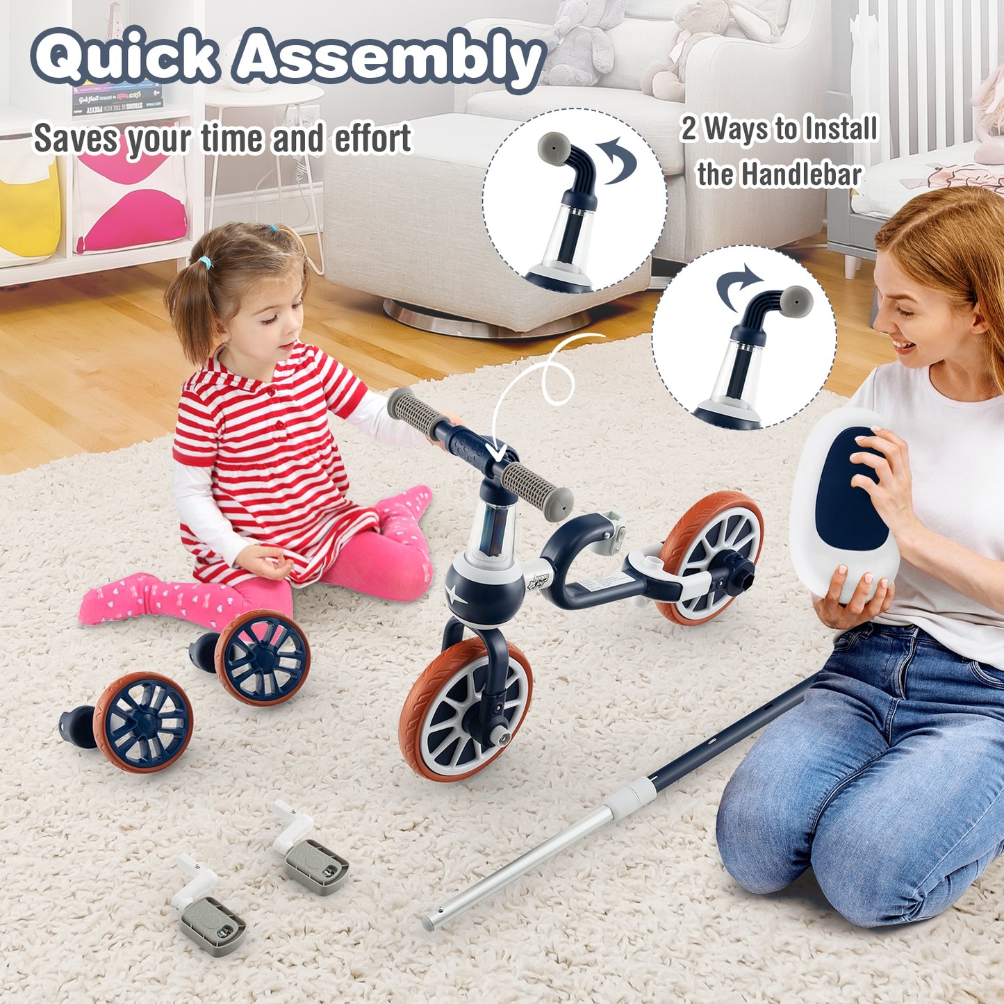 4-in-1 Kids Trike Bike with Adjustable Parent Push Handle and Seat Height-Navy, customer return special