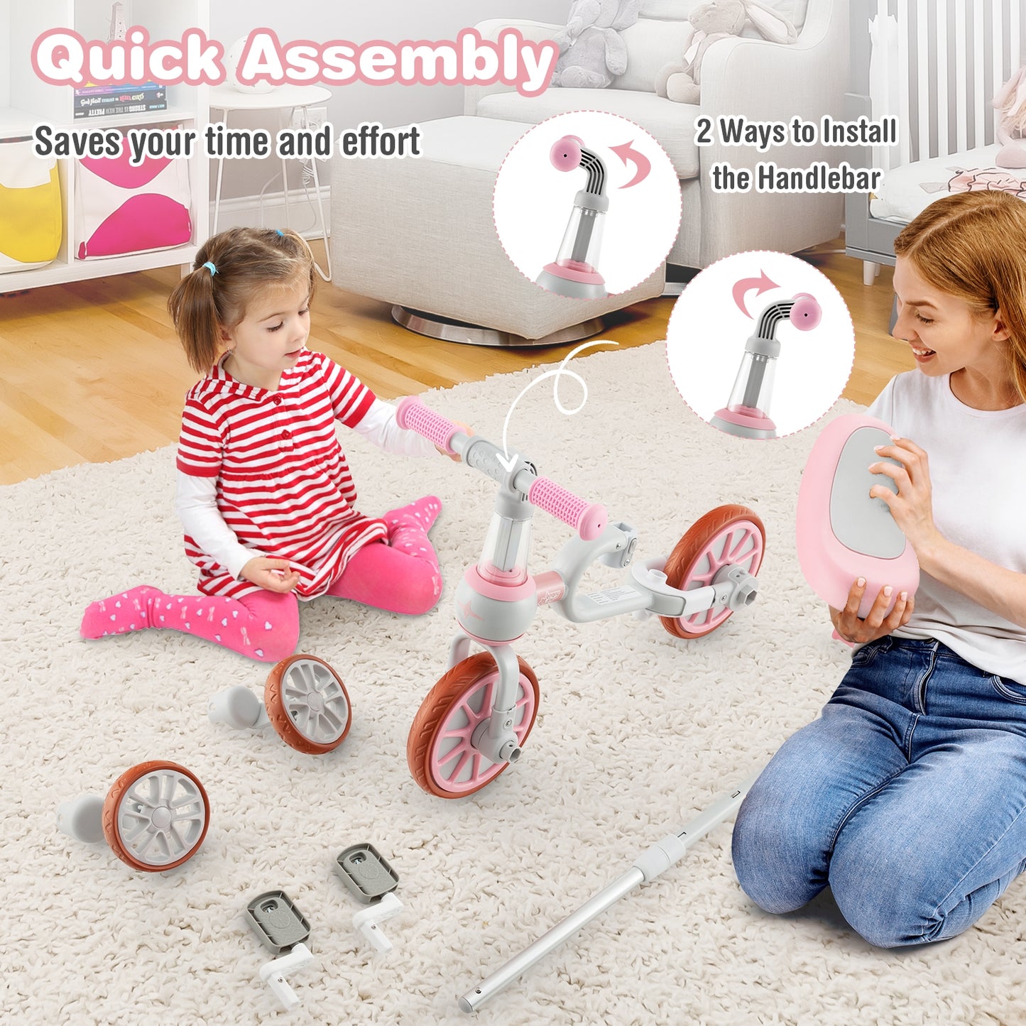 4-in-1 Kids Trike Bike with Adjustable Parent Push Handle and Seat Height-Pink