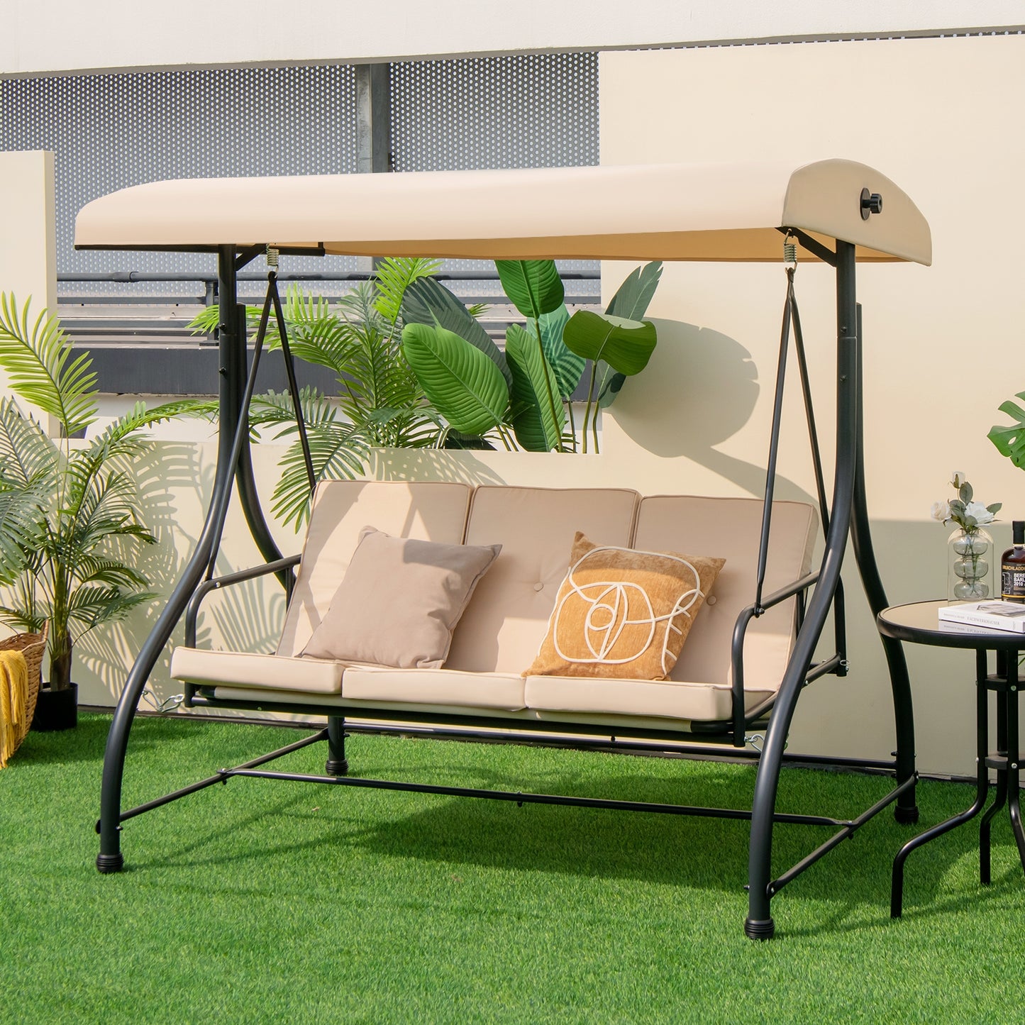 3 Seat Outdoor Porch Swing with Adjustable Canopy-Beige (1 Box, Unassembled)