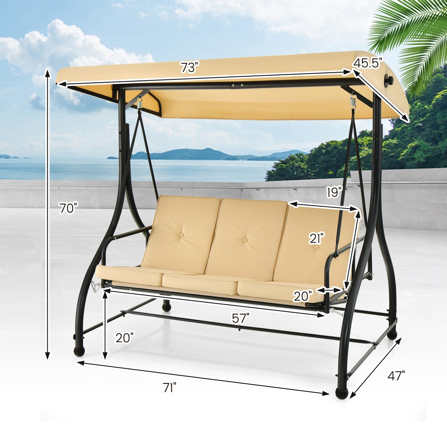 3 Seat Outdoor Porch Swing with Adjustable Canopy-Beige (1 Box, Unassembled)