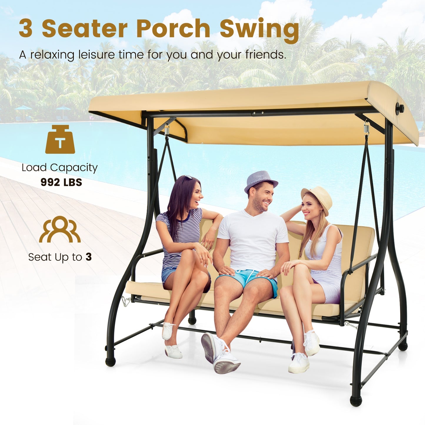 3 Seat Outdoor Porch Swing with Adjustable Canopy-Beige (1 Box, Unassembled)