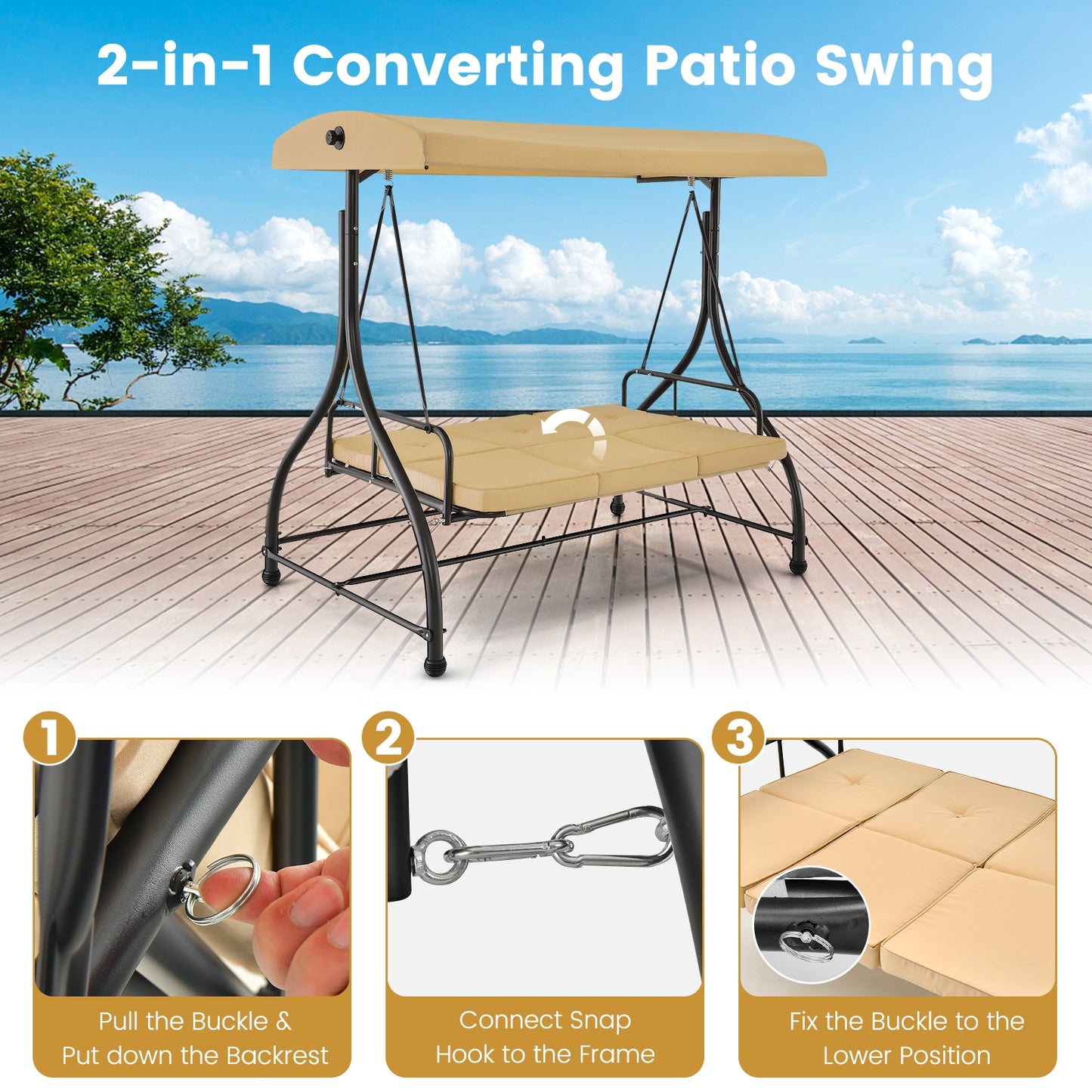 3 Seat Outdoor Porch Swing with Adjustable Canopy-Beige (1 Box, Unassembled)
