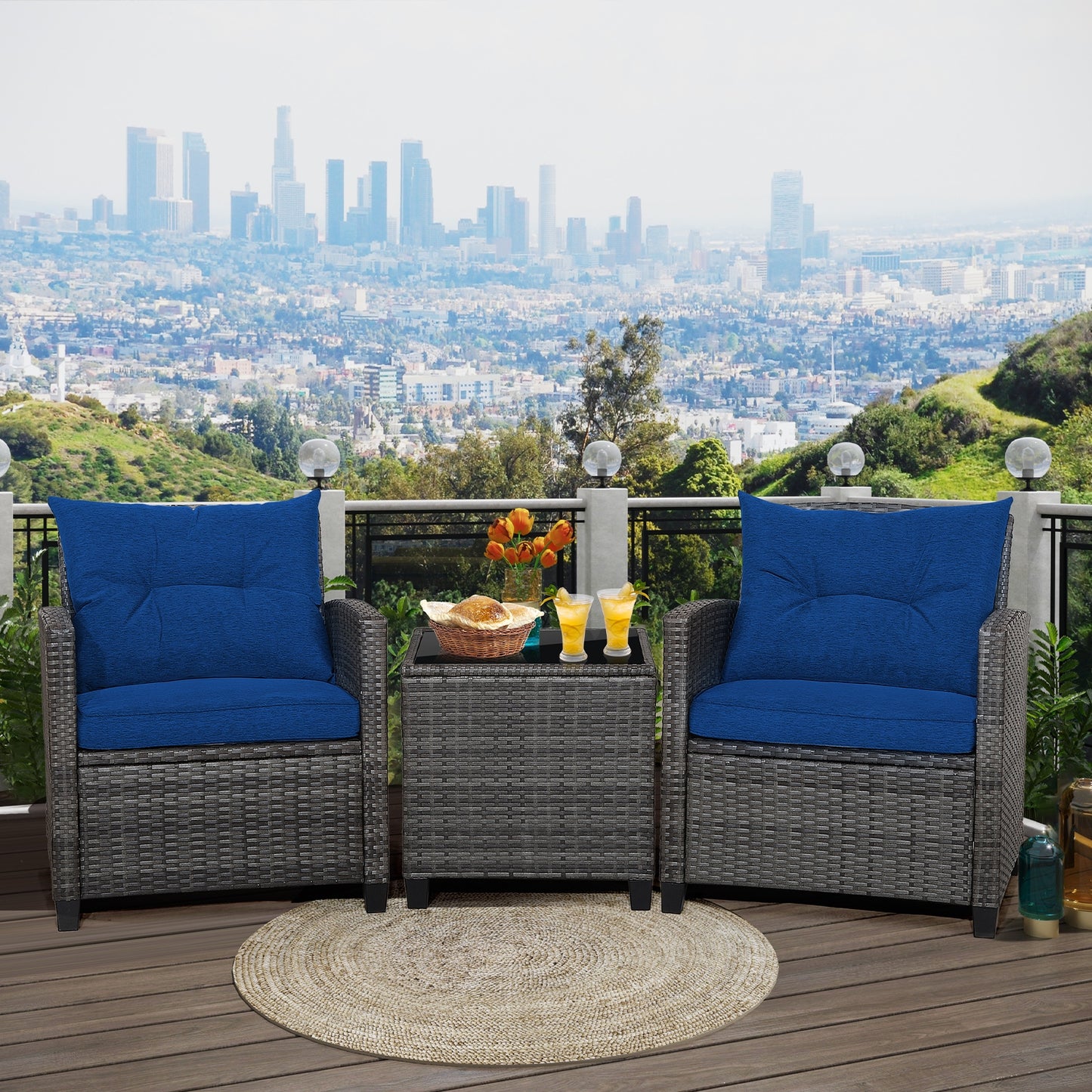 3 Pieces Outdoor Wicker Conversation Set with Tempered Glass Tabletop-Navy (1 Box, unassembled)