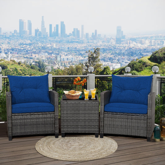 3 Pieces Outdoor Wicker Conversation Set with Tempered Glass Tabletop-Navy (1 Box, unassembled)
