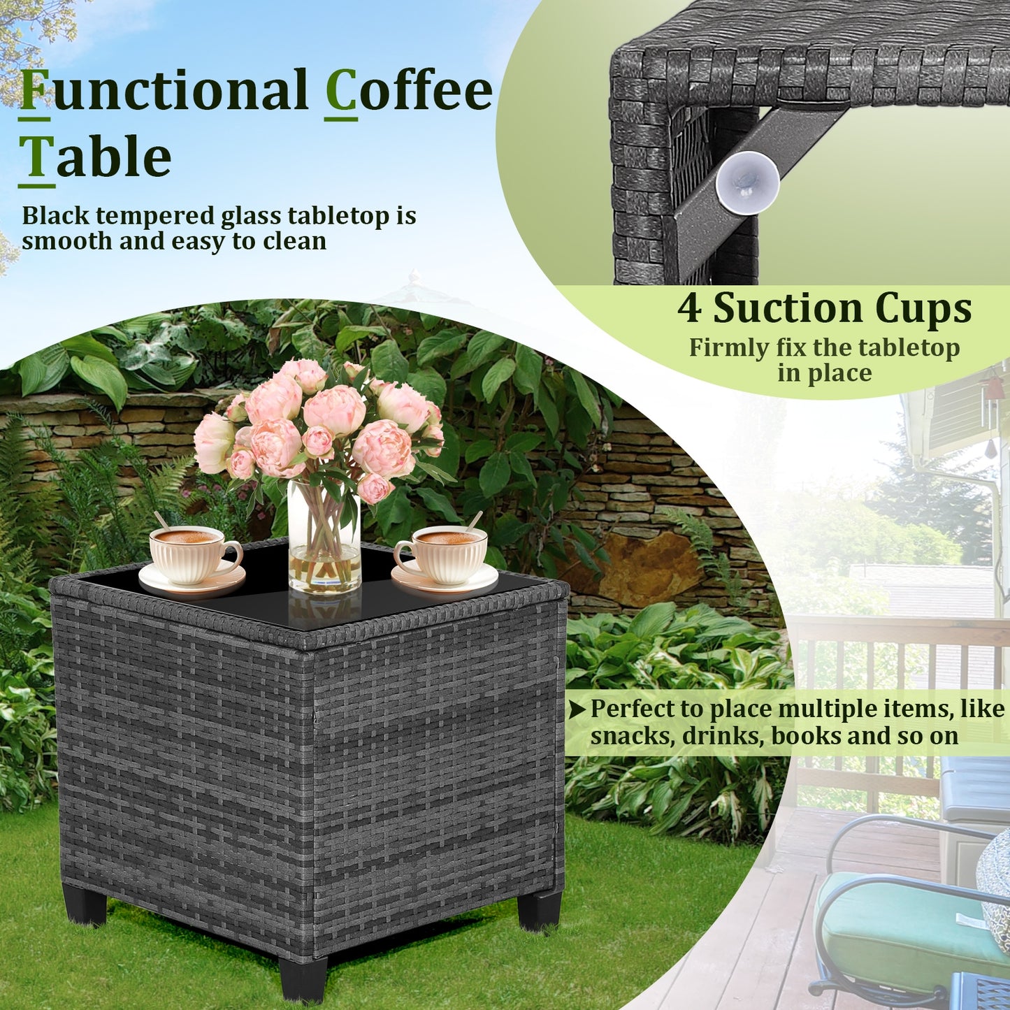 3 Pieces Outdoor Wicker Conversation Set with Tempered Glass Tabletop-Navy (1 Box, unassembled)